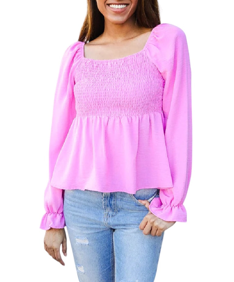 BUBBLEGUM PINK SMOCKED FIT & FLARE BLOUSE- SALE