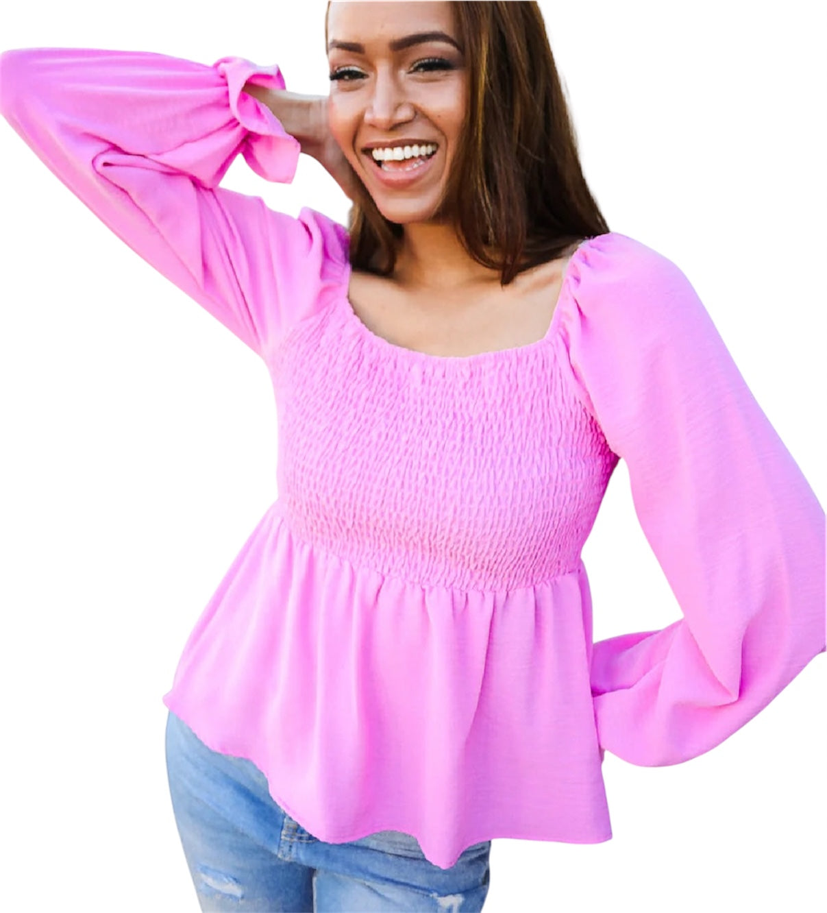 BUBBLEGUM PINK SMOCKED FIT & FLARE BLOUSE- SALE