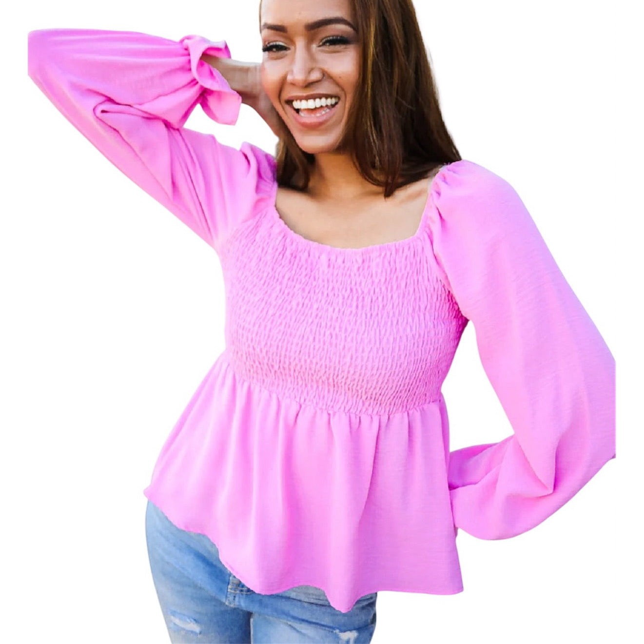 BUBBLEGUM PINK SMOCKED FIT & FLARE BLOUSE- SALE