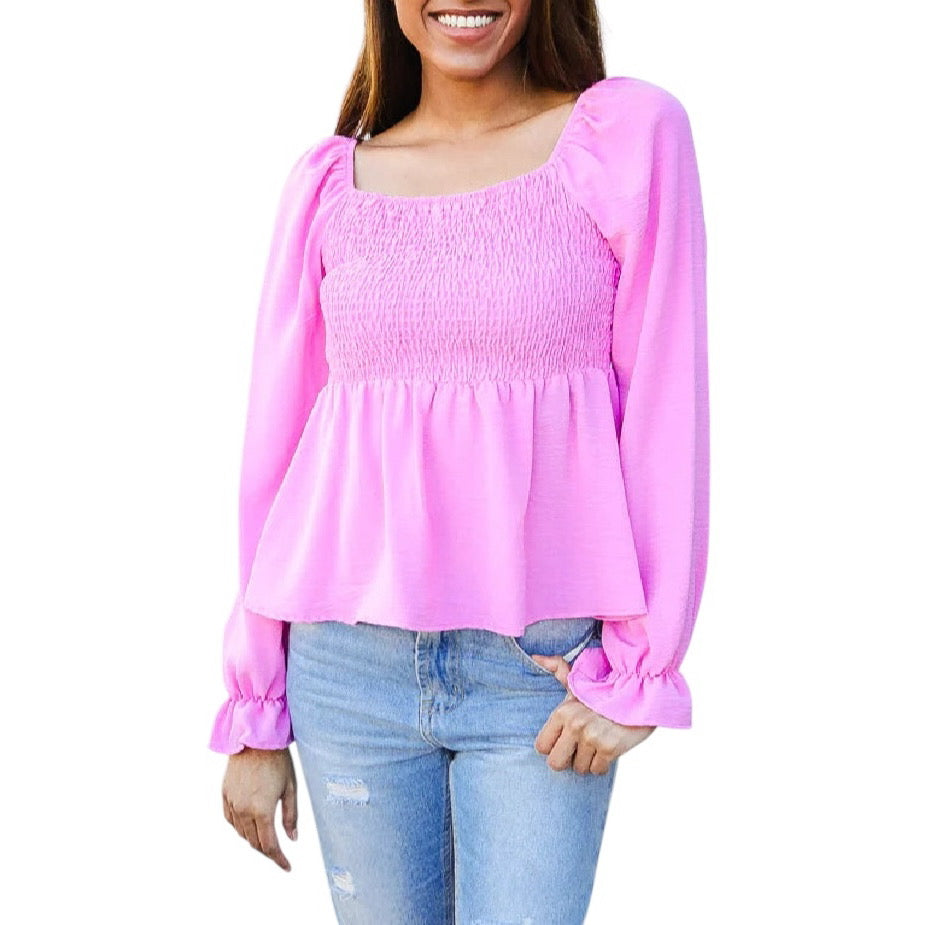 BUBBLEGUM PINK SMOCKED FIT & FLARE BLOUSE- SALE