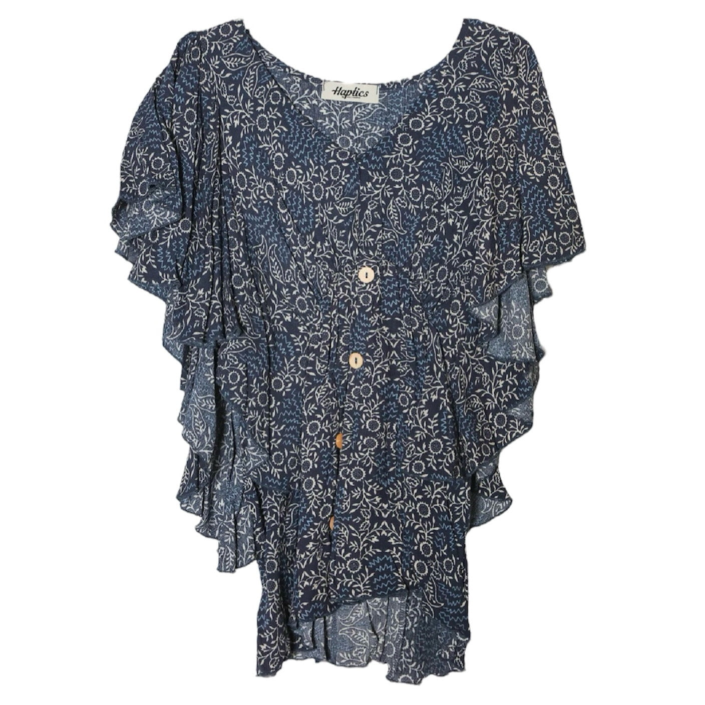 BLUE FLORAL ETHNIC PRINTED RUFFLE CAPE SLEEVE BLOUSE- SALE- SMALL AVAILABLE