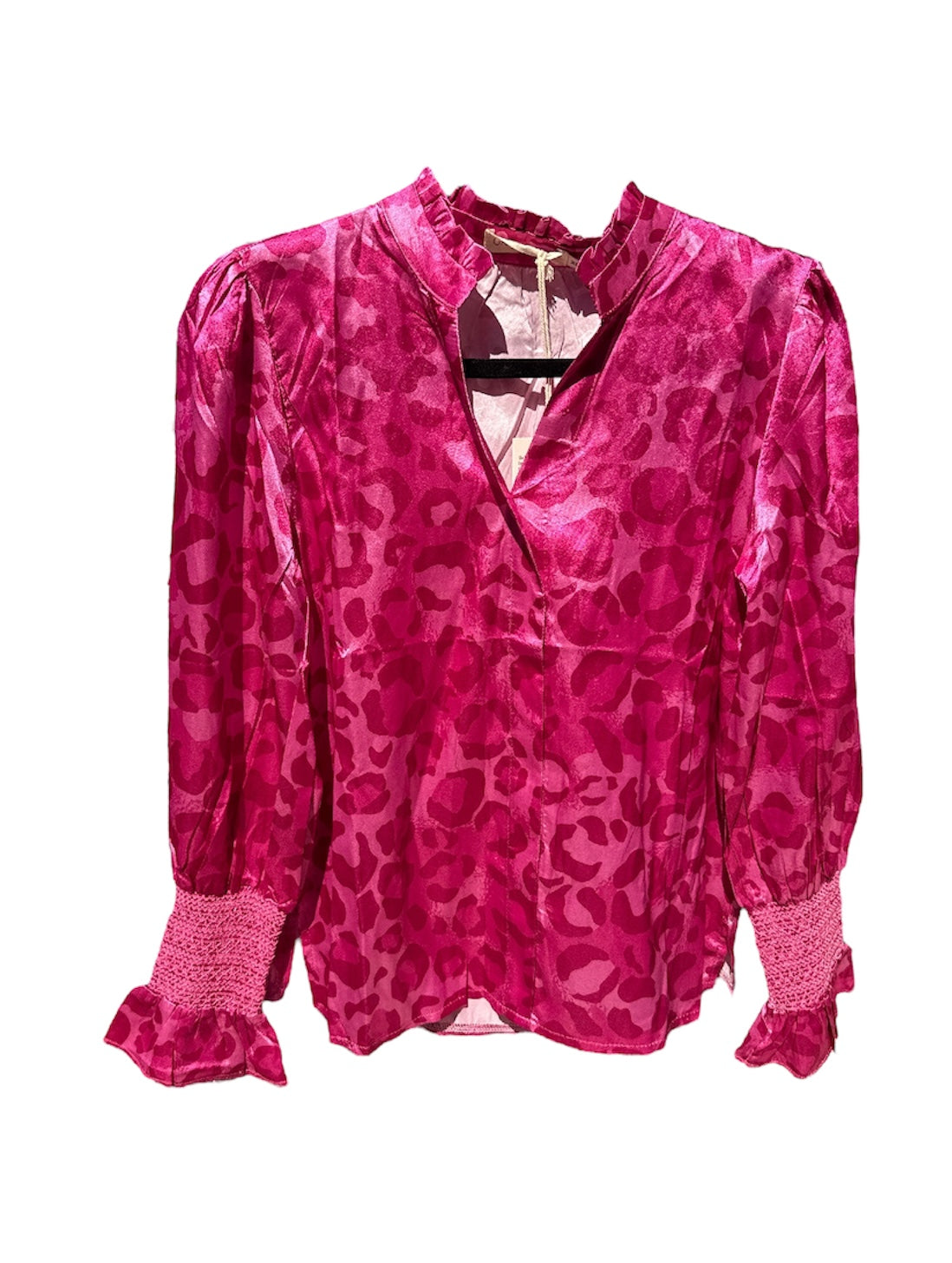 FUCHSIA HOT PINK SMITTEN IN SATIN LEOPARD BUBBLE RUCHED SLEEVES TOP - SALE - XS AVAILABLE