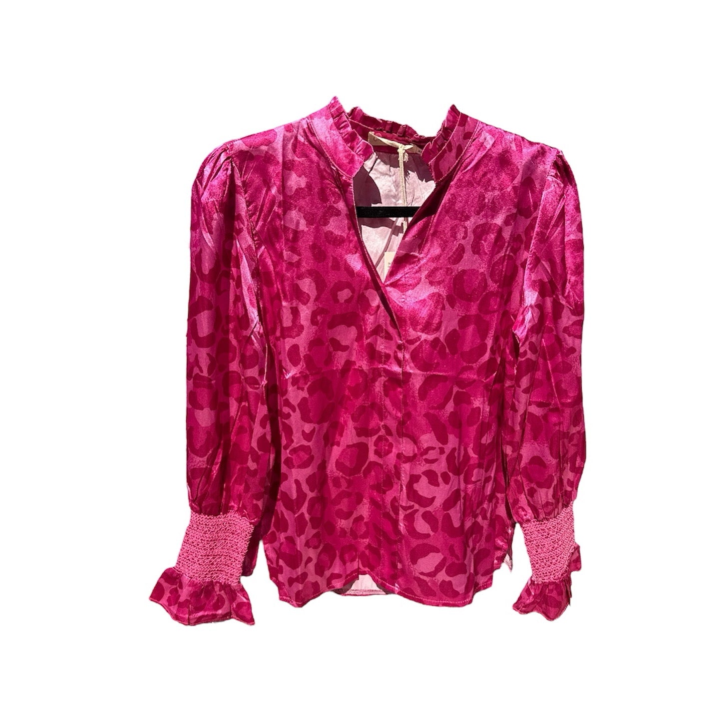 FUCHSIA HOT PINK SMITTEN IN SATIN LEOPARD BUBBLE RUCHED SLEEVES TOP - SALE - XS AVAILABLE