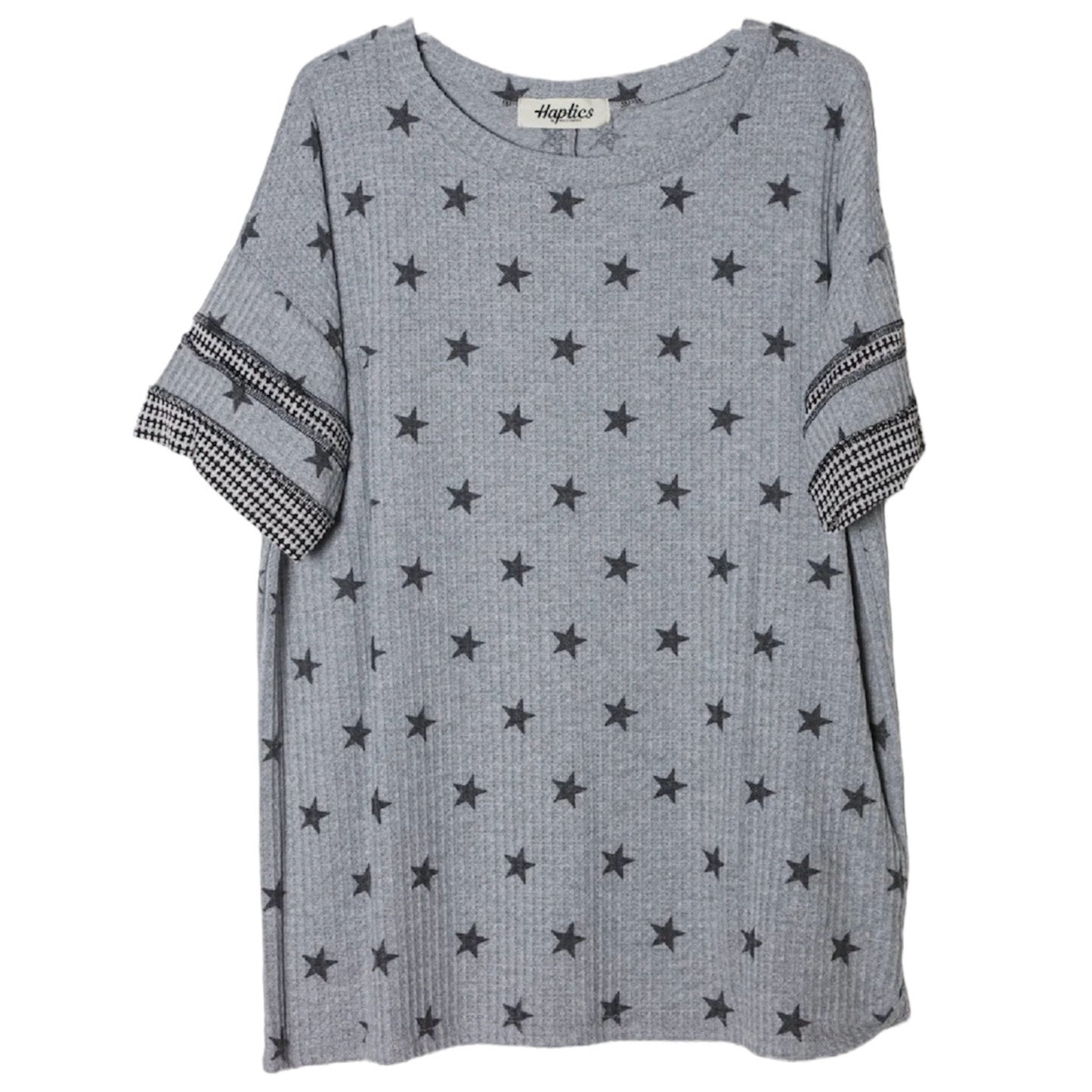 GREY NAVY STAR PRINT WAFFLE JACQUARD STRIPE KNIT TOP- SALE- SMALL AVAILABLE