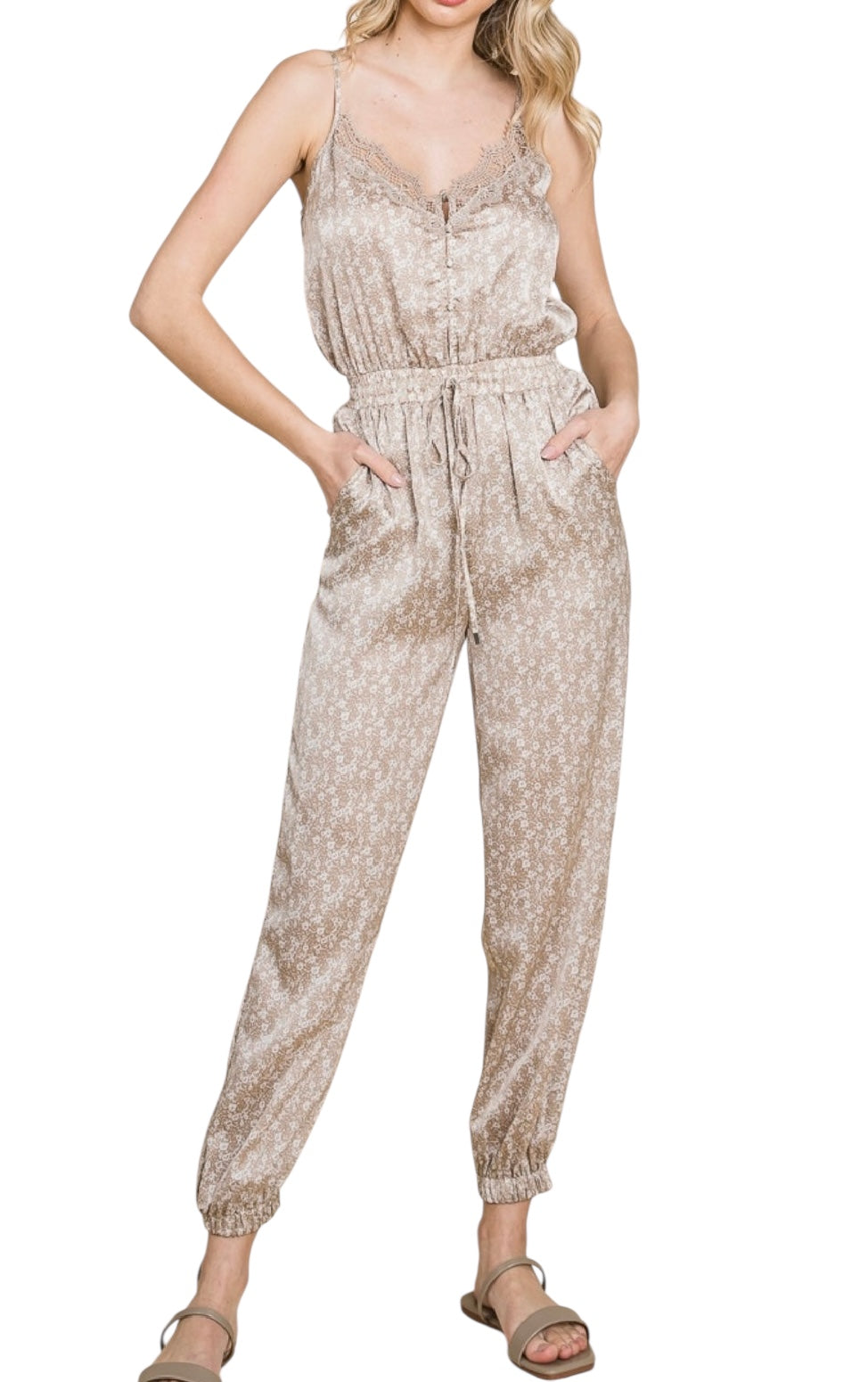 SATIN TAN LACE DETAIL STRAPPY JUMPSUIT- SALE- MEDIUM AVAILABLE