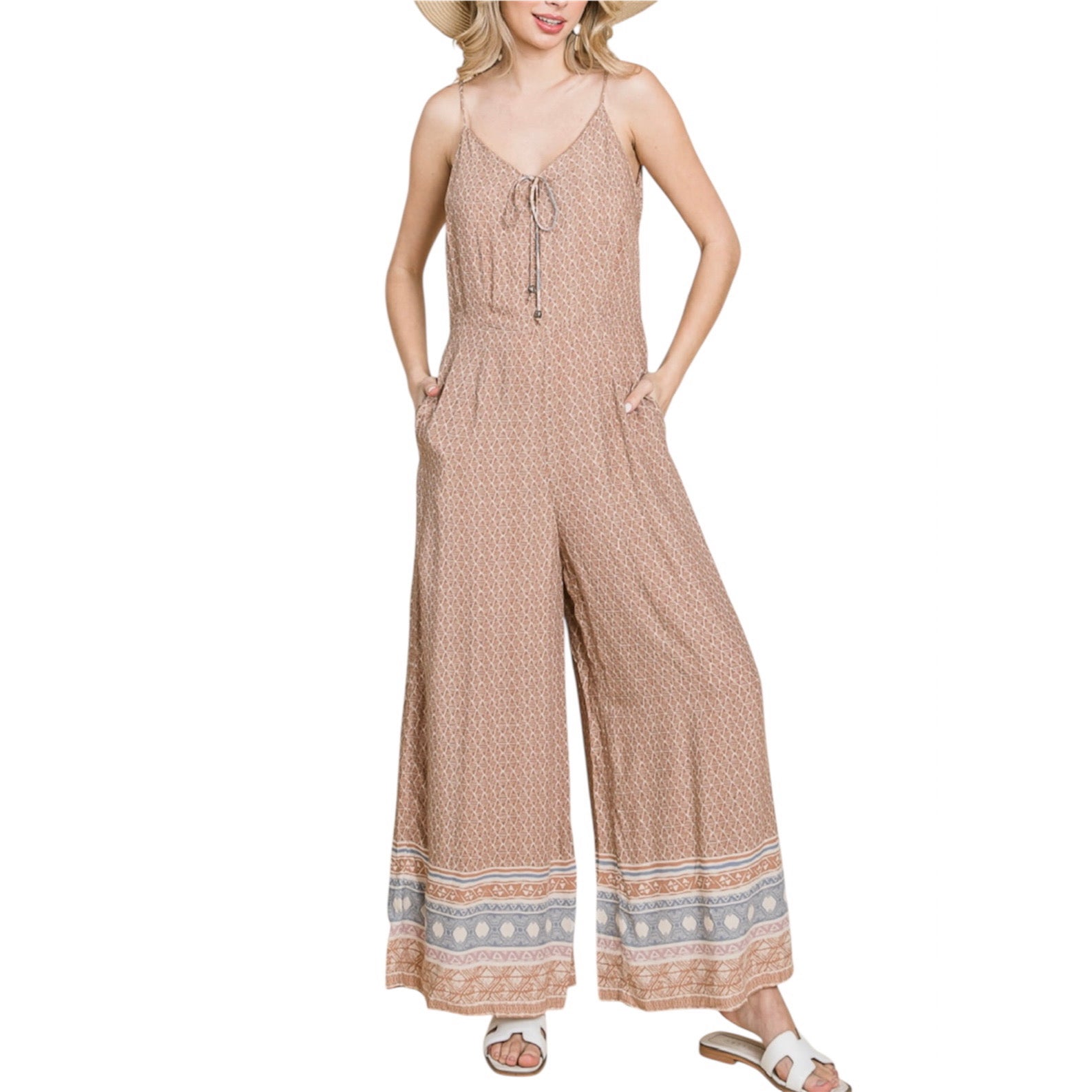 TAUPE PRINTED STRAPPY FLARE PANT JUMPSUIT- SALE- SMALL AVAILABLE