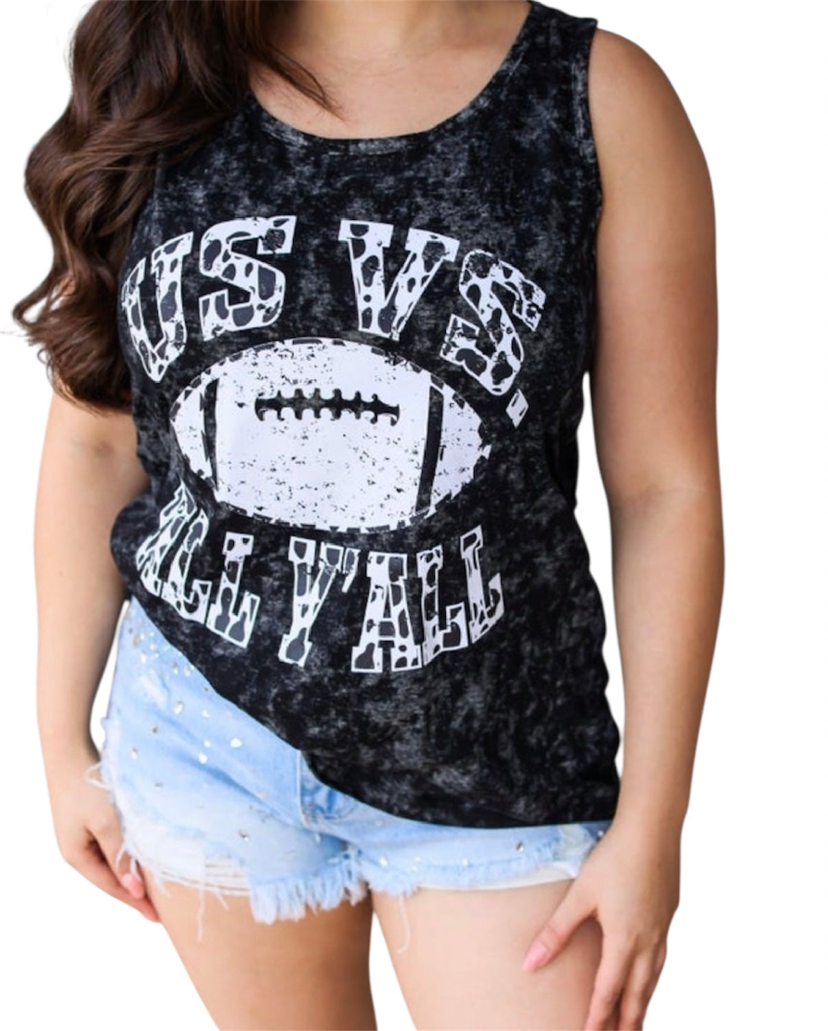 Us Vs. All Y'all Black Acid Wash Football Tank- SALE- SMALL AVAILABLE