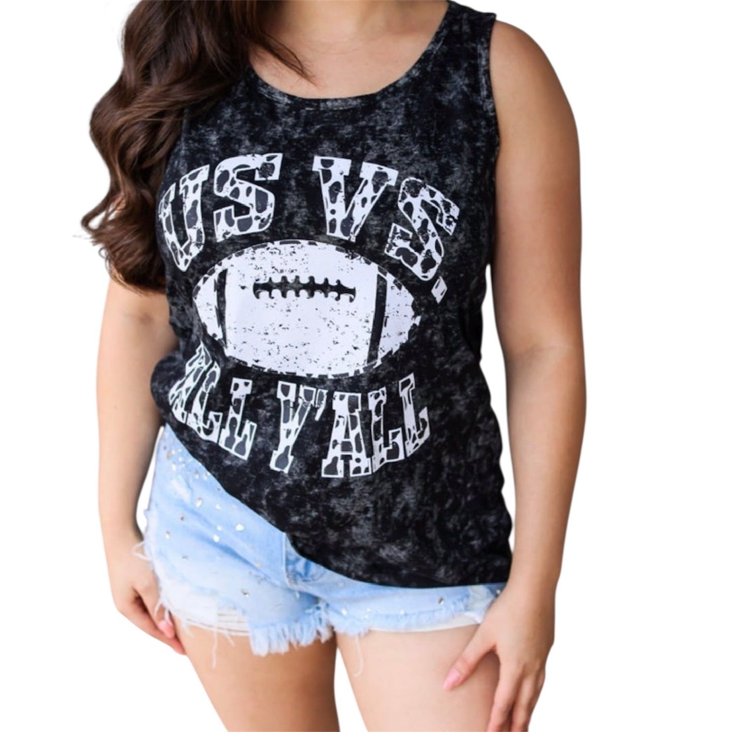 Us Vs. All Y'all Black Acid Wash Football Tank- SALE- SMALL AVAILABLE