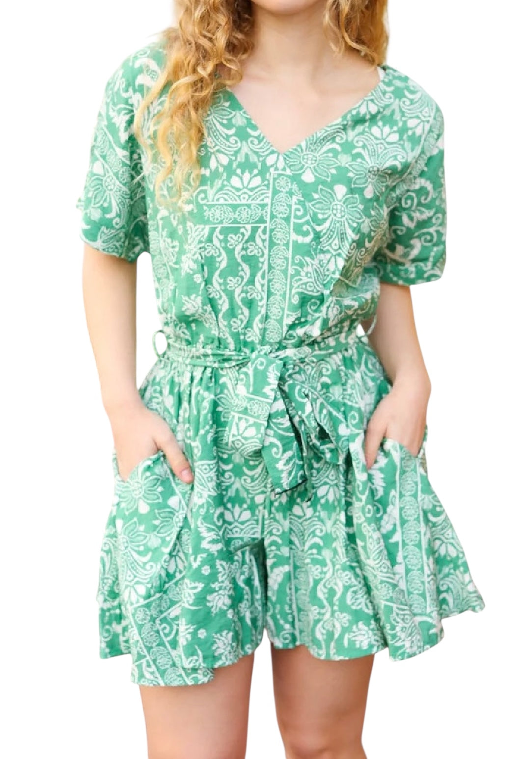SAGE GREEN BOHO SURPLICE POCKETED ROMPER- PLUS- SALE- 3X AVAILABLE