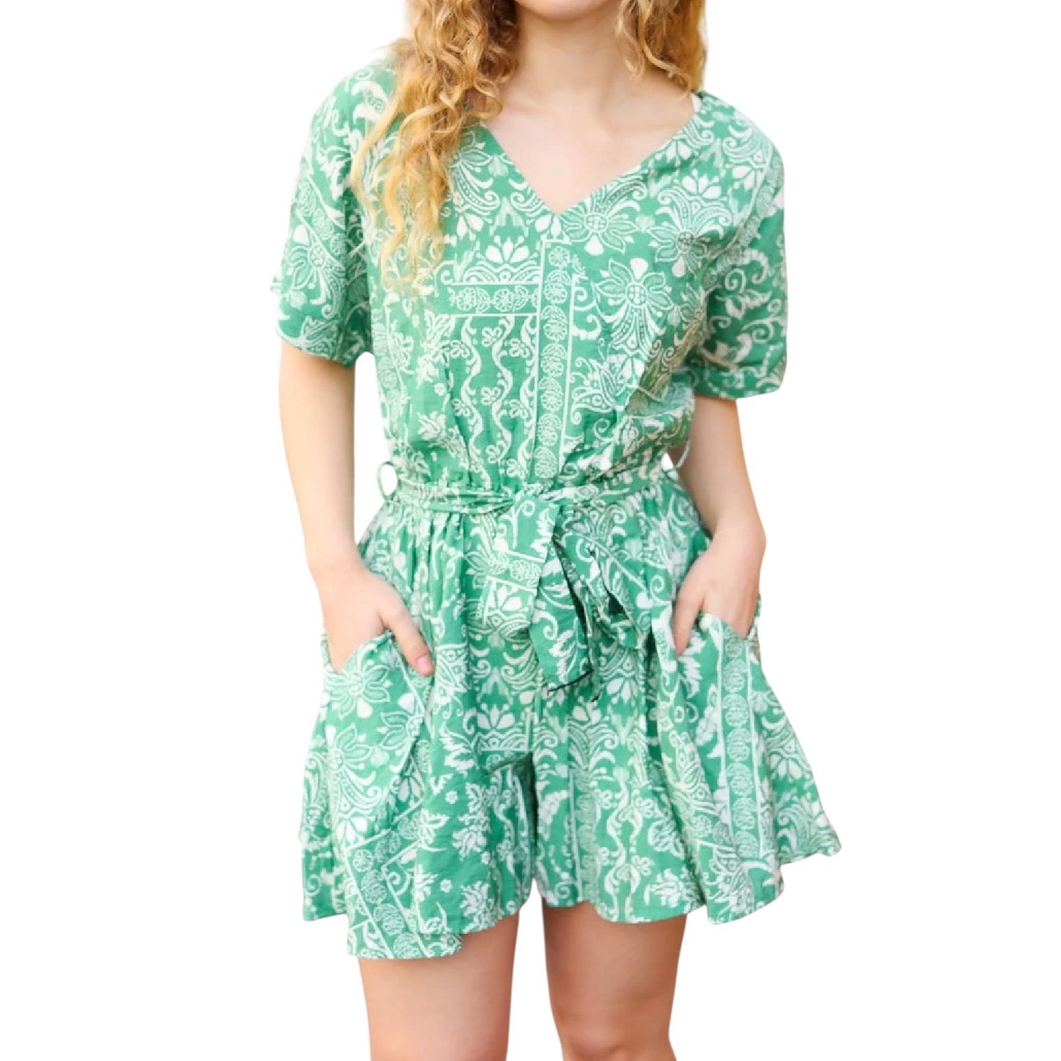 SAGE GREEN BOHO SURPLICE POCKETED ROMPER- PLUS- SALE- 3X AVAILABLE