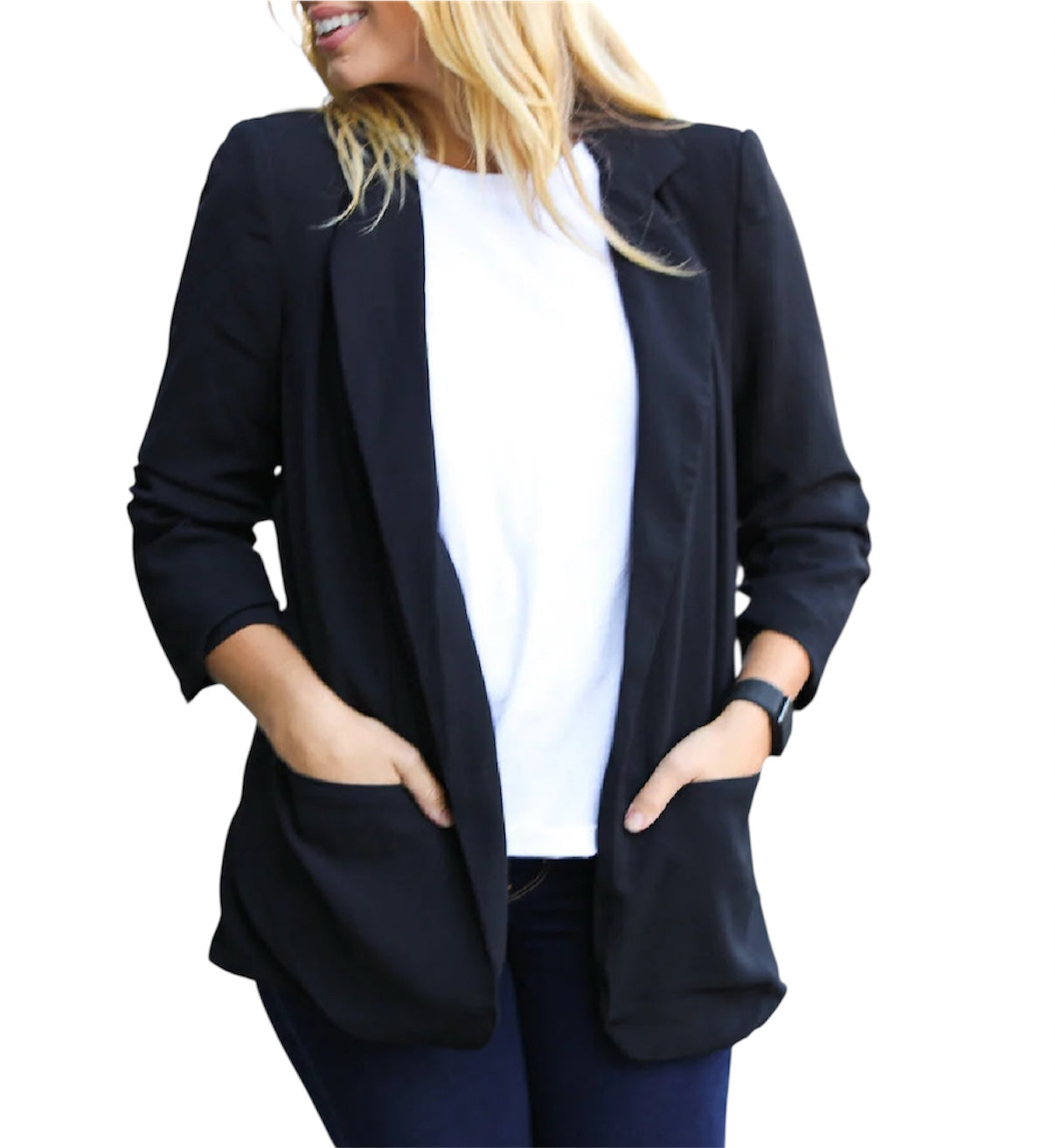 BLACK NOTCHED LAPEL RUCHED SLEEVE BLAZER- PLUS- SALE- 2X AVAILABLE