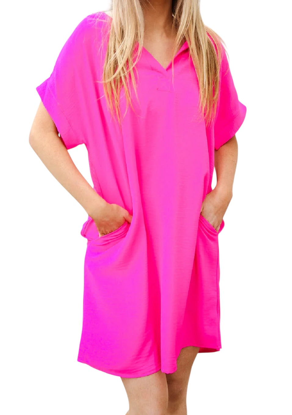 HOT PINK FUCHSIA LOOSE DOLMAN CRINKLED WOVEN POCKETED FLOWY DRESS- SALE- MEDIUM AVAILABLE