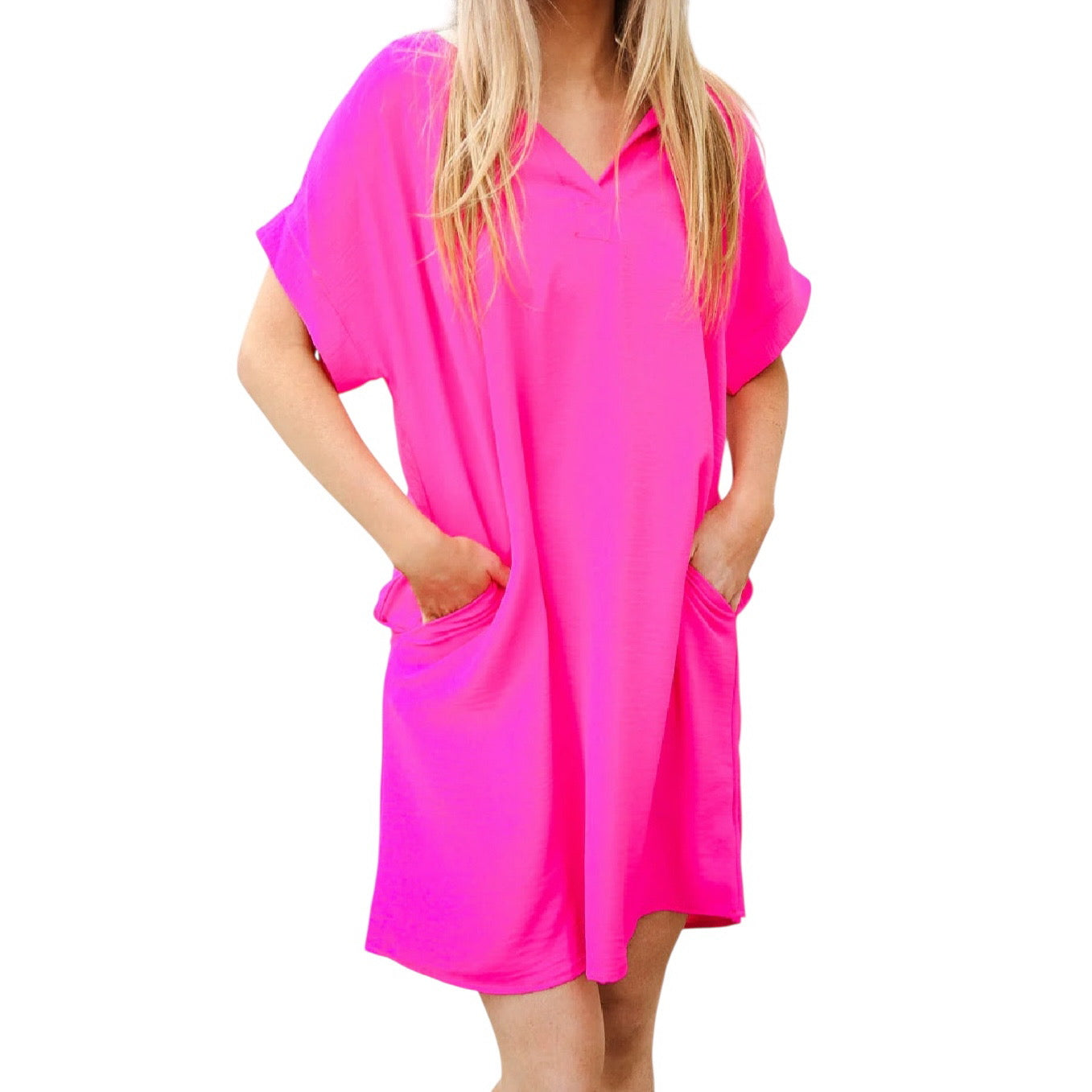 HOT PINK FUCHSIA LOOSE DOLMAN CRINKLED WOVEN POCKETED FLOWY DRESS- SALE- MEDIUM AVAILABLE