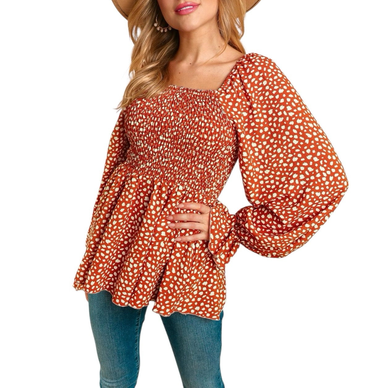 RUST LEOPARD PRINT SMOCKED RUFFLE HEM TOP-PLUS