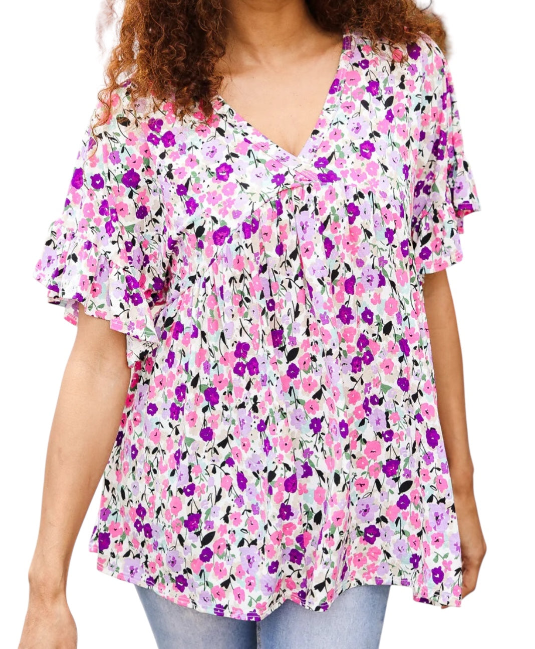 PINK & PASTELS FLORAL BABYDOLL VNECK TOP- SALE- SMALL AVAILABLE
