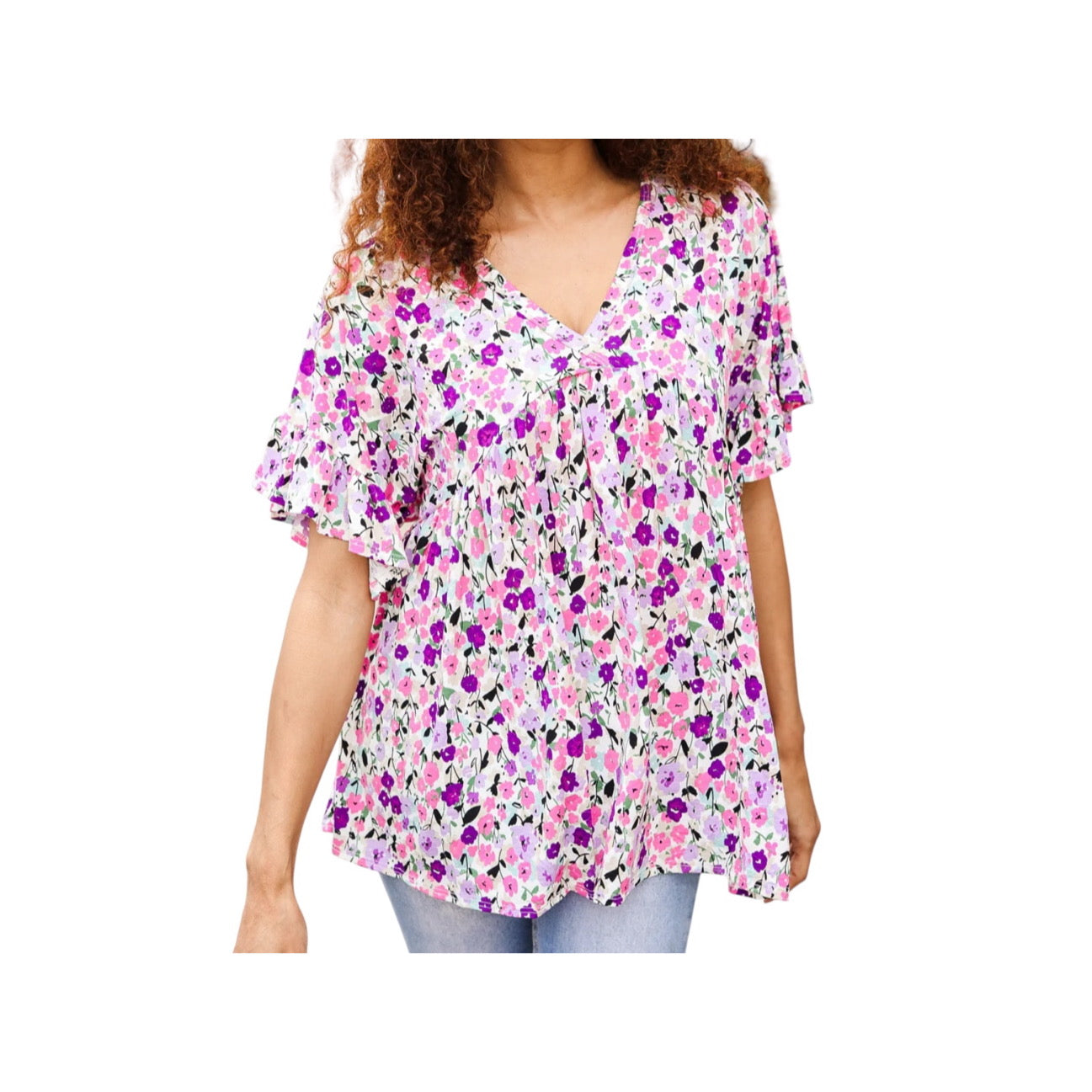 PINK & PASTELS FLORAL BABYDOLL VNECK TOP- SALE- SMALL AVAILABLE