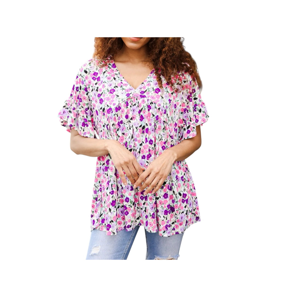 PINK & PASTELS FLORAL BABYDOLL VNECK TOP- SALE- SMALL AVAILABLE