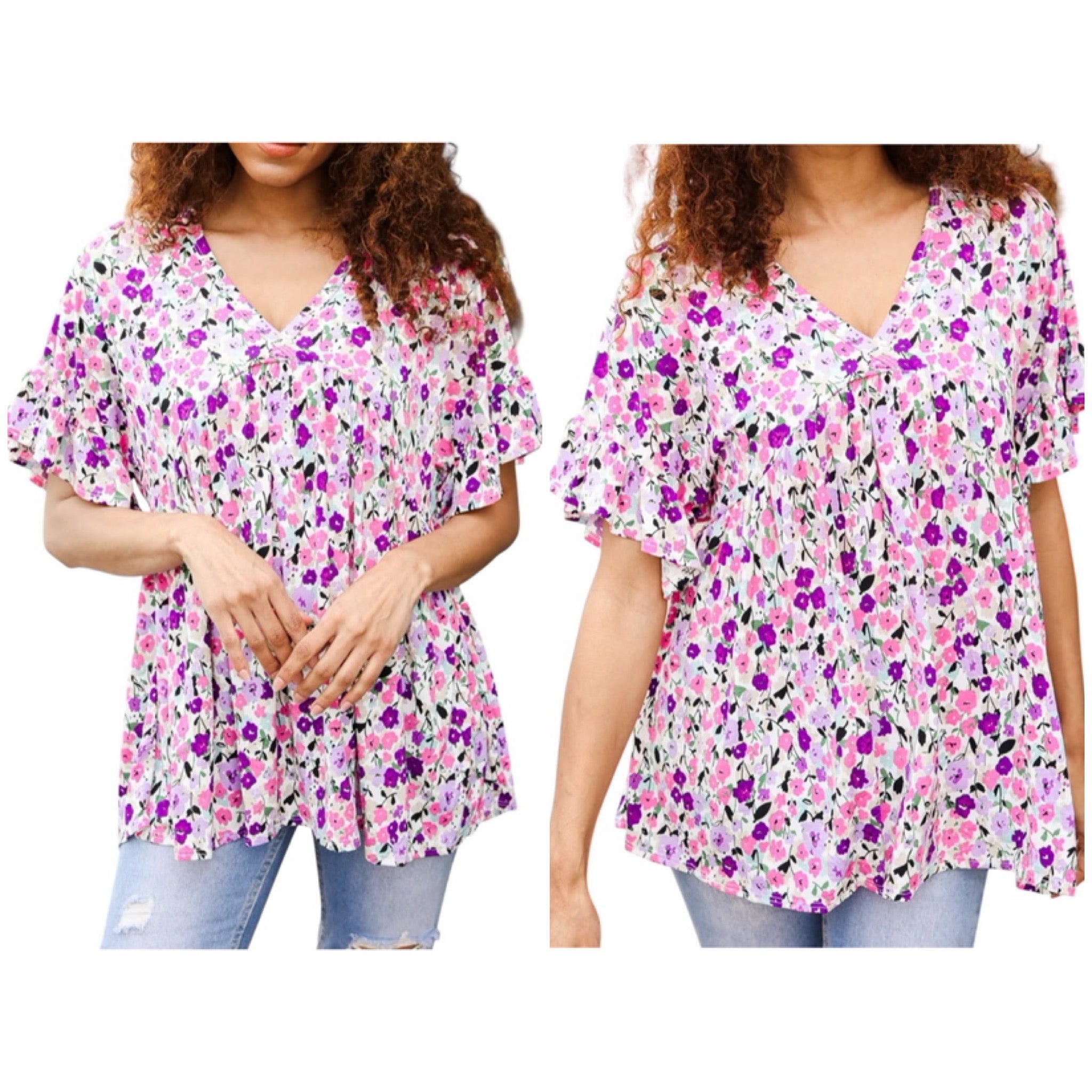 PINK & PASTELS FLORAL BABYDOLL VNECK TOP- SALE- SMALL AVAILABLE