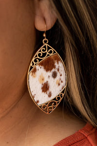 Brown Cowhide Serenade Gilded Gold Scroll Twist Earrings