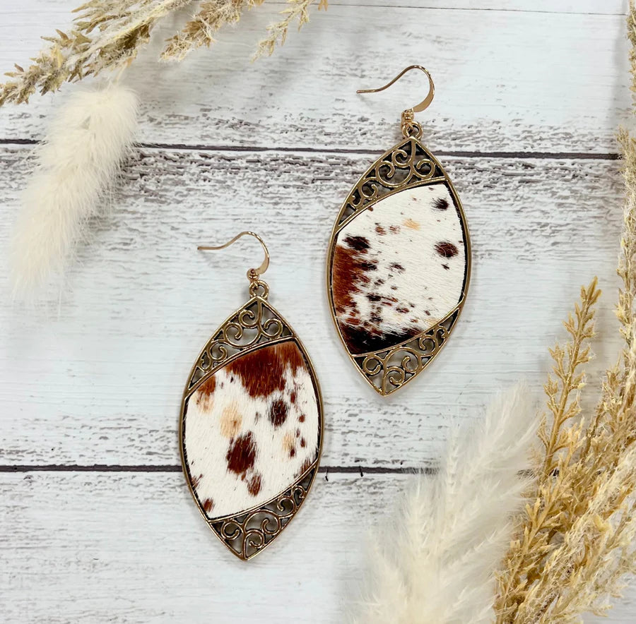 Brown Cowhide Serenade Gilded Gold Scroll Twist Earrings