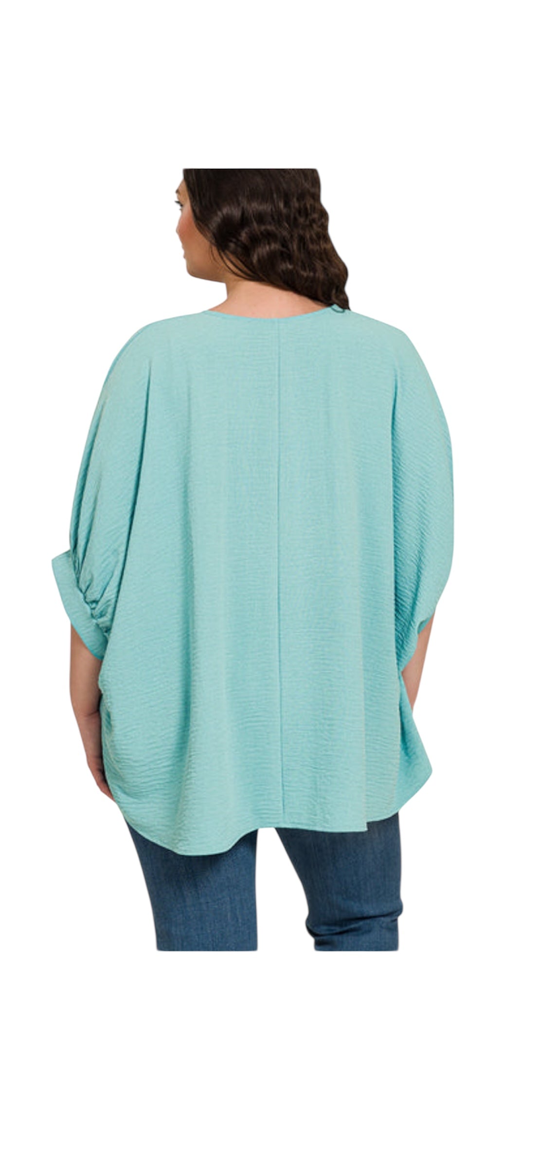 DUSTY TEAL WOVEN AIRFLOW V-NECK PUFF HALF SLEEVE TOP - PLUS- SALE- 1X, 2X & 3X AVAILABLE