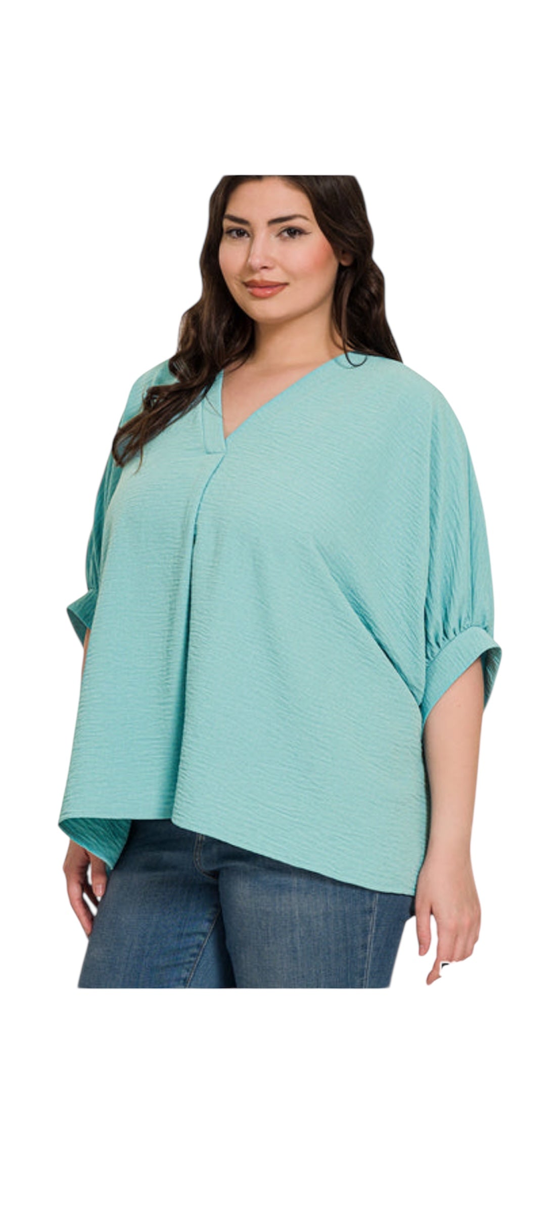 DUSTY TEAL WOVEN AIRFLOW V-NECK PUFF HALF SLEEVE TOP - PLUS- SALE- 1X, 2X & 3X AVAILABLE