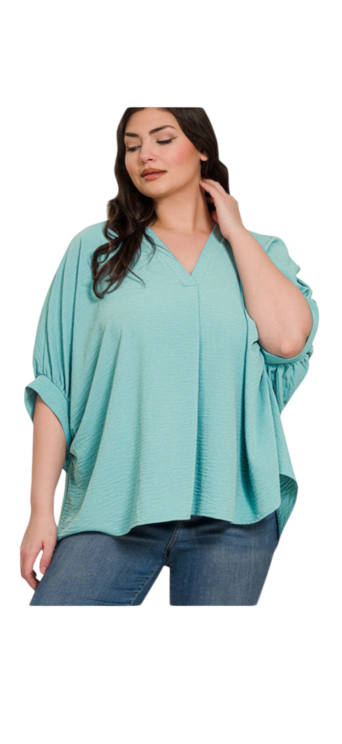 DUSTY TEAL WOVEN AIRFLOW V-NECK PUFF HALF SLEEVE TOP - PLUS- SALE- 1X, 2X & 3X AVAILABLE
