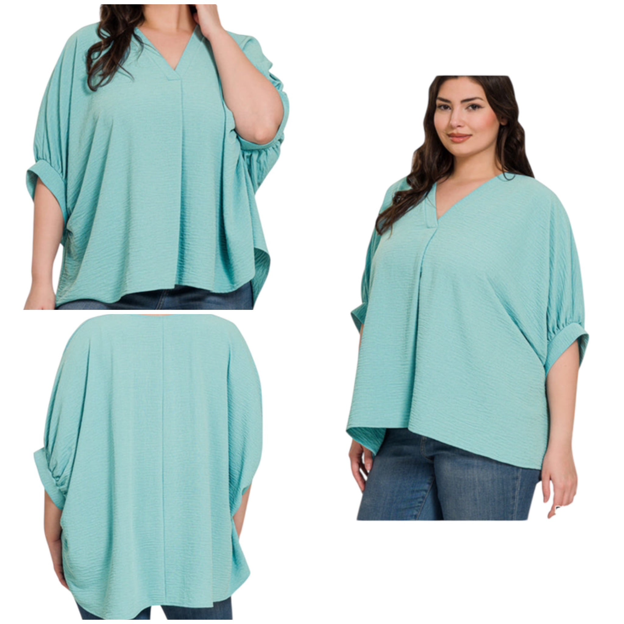DUSTY TEAL WOVEN AIRFLOW V-NECK PUFF HALF SLEEVE TOP - PLUS- SALE- 1X, 2X & 3X AVAILABLE