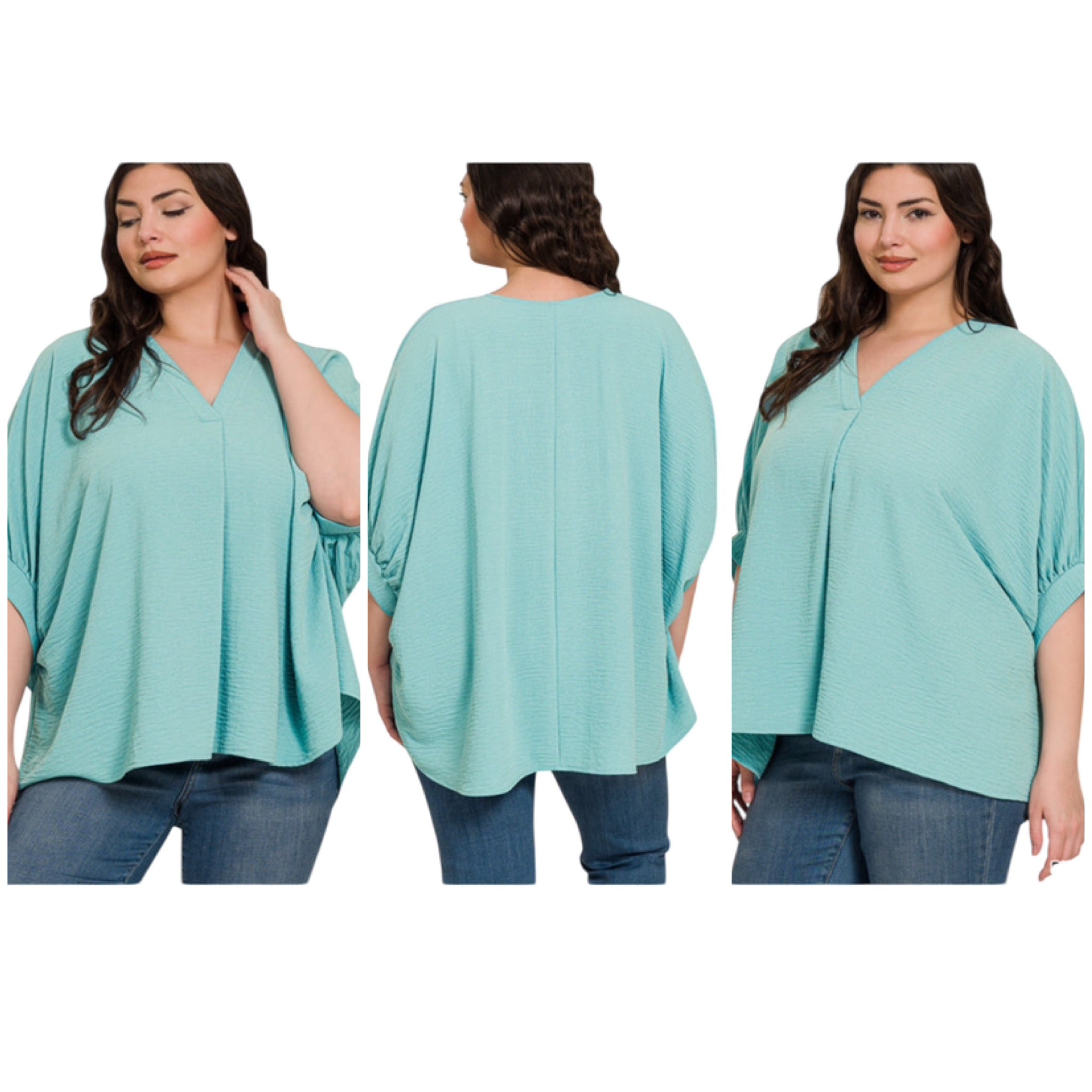 DUSTY TEAL WOVEN AIRFLOW V-NECK PUFF HALF SLEEVE TOP - PLUS- SALE- 1X, 2X & 3X AVAILABLE