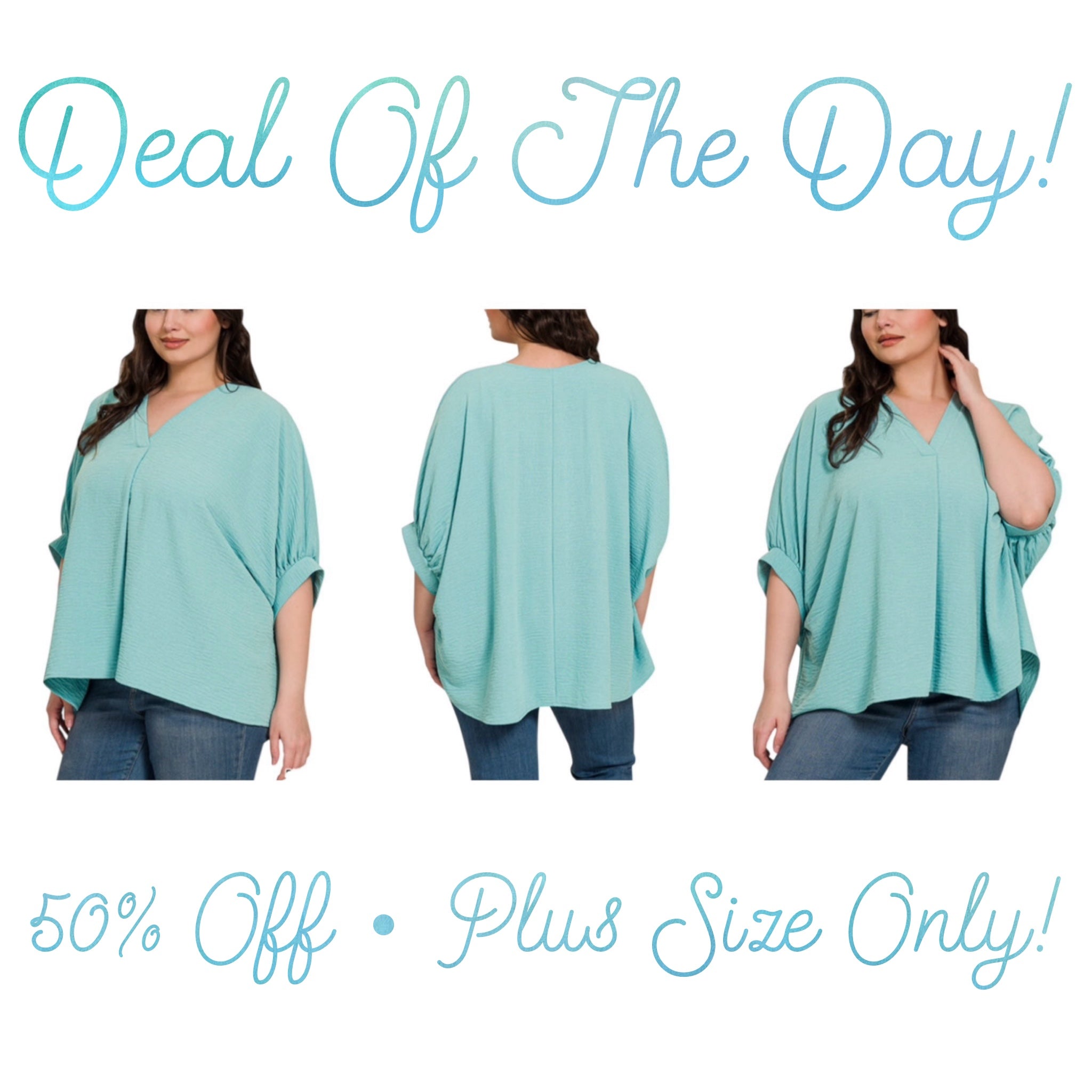 DUSTY TEAL WOVEN AIRFLOW V-NECK PUFF HALF SLEEVE TOP - PLUS- SALE- 1X, 2X & 3X AVAILABLE