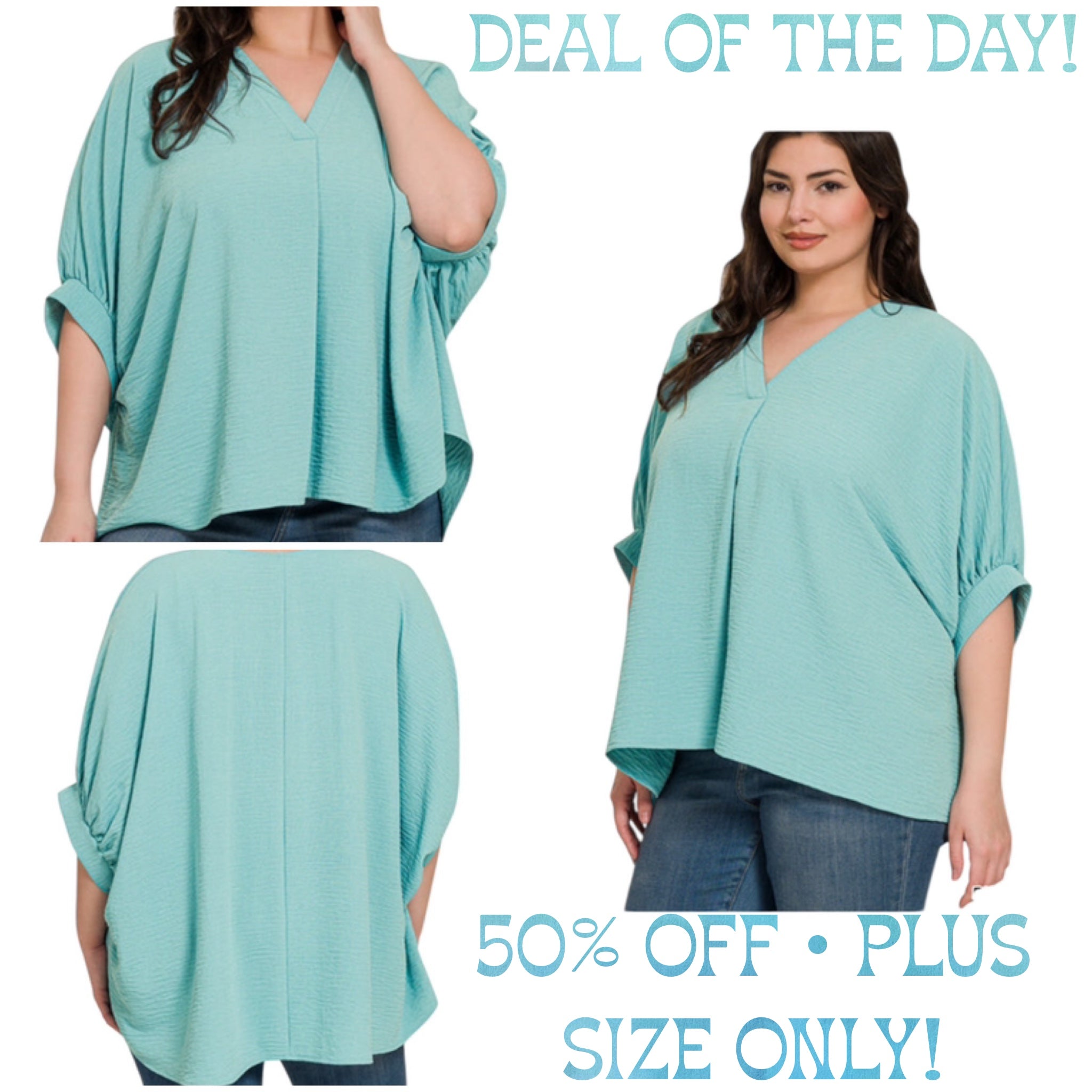 DUSTY TEAL WOVEN AIRFLOW V-NECK PUFF HALF SLEEVE TOP - PLUS- SALE- 1X, 2X & 3X AVAILABLE