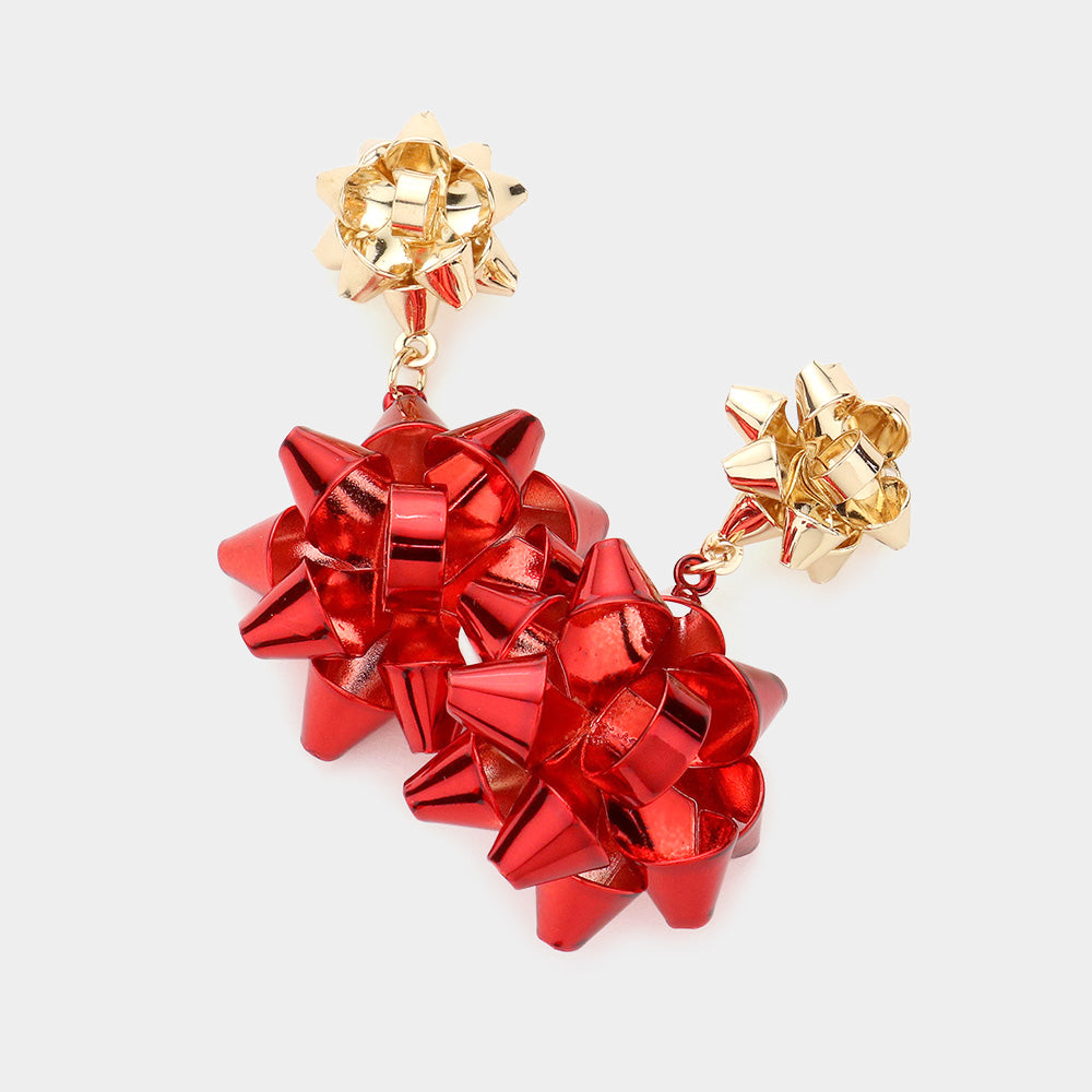 CHRISTMAS RIBBON BOWS DOUBLE DANGLE EARRINGS