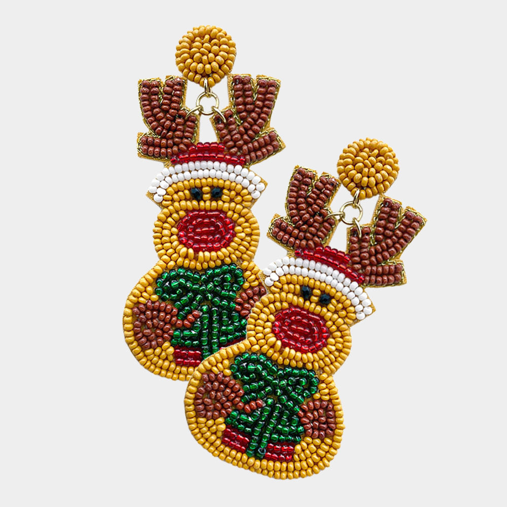 SEEDBEAD REINDEER RUDOLPH RED NOSE EARRINGS
