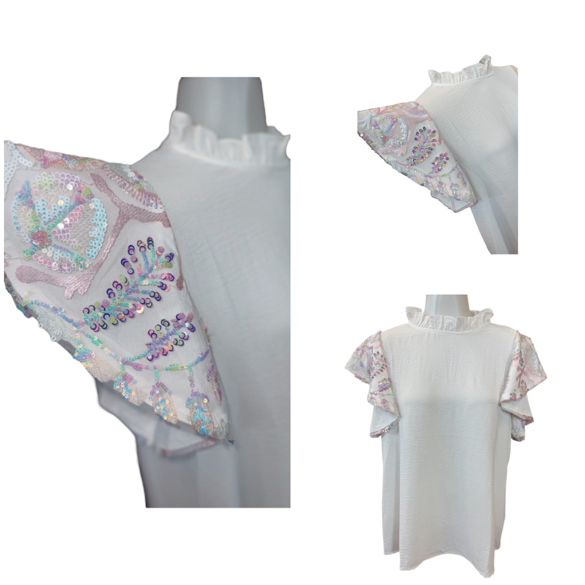 WHITE IRIDESCENT SEQUIN FLUTTER SLEEVE BLOUSE- SALE- MEDIUM & LARGE AVAILABLE