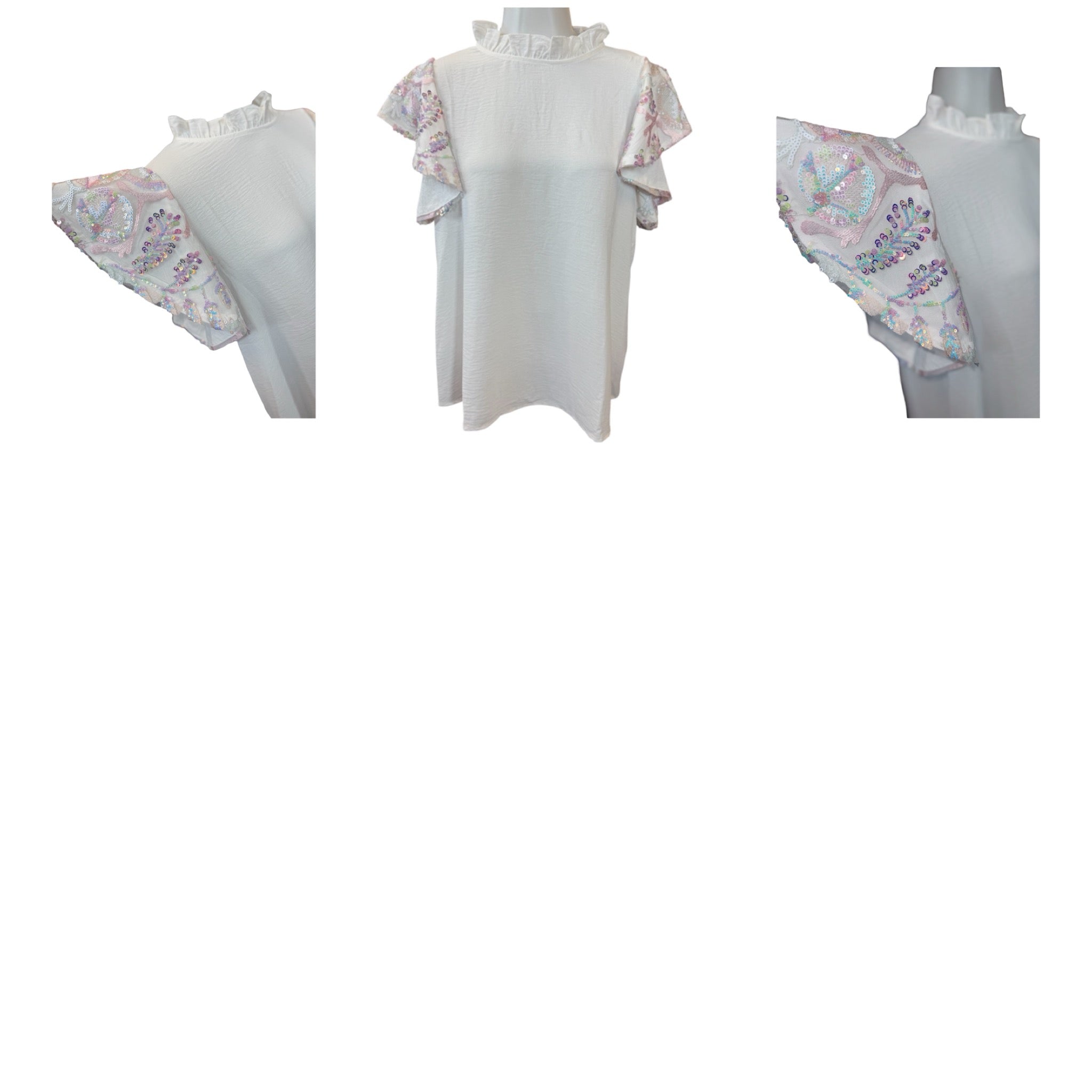 WHITE IRIDESCENT SEQUIN FLUTTER SLEEVE BLOUSE- SALE- MEDIUM & LARGE AVAILABLE