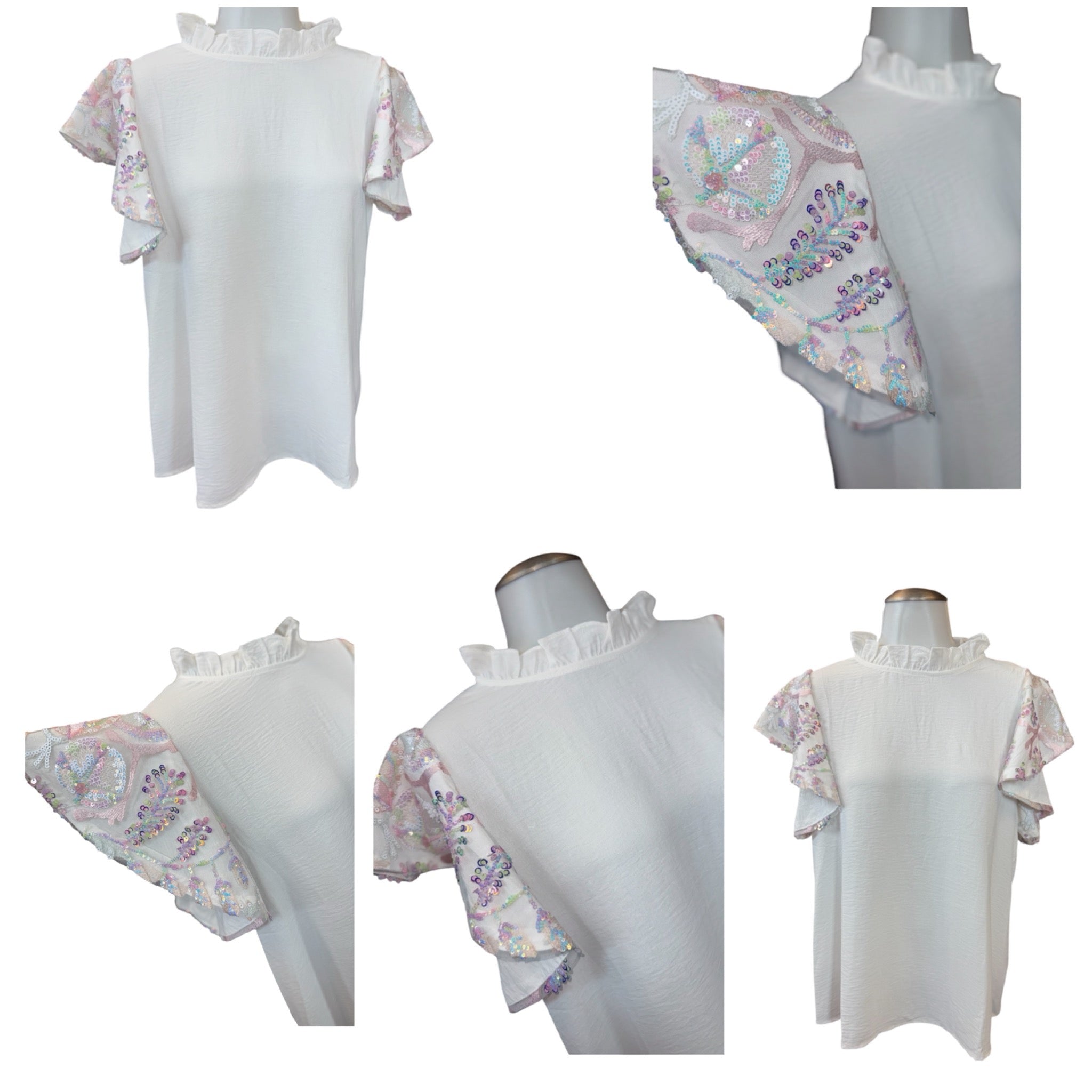 WHITE IRIDESCENT SEQUIN FLUTTER SLEEVE BLOUSE- SALE- MEDIUM & LARGE AVAILABLE