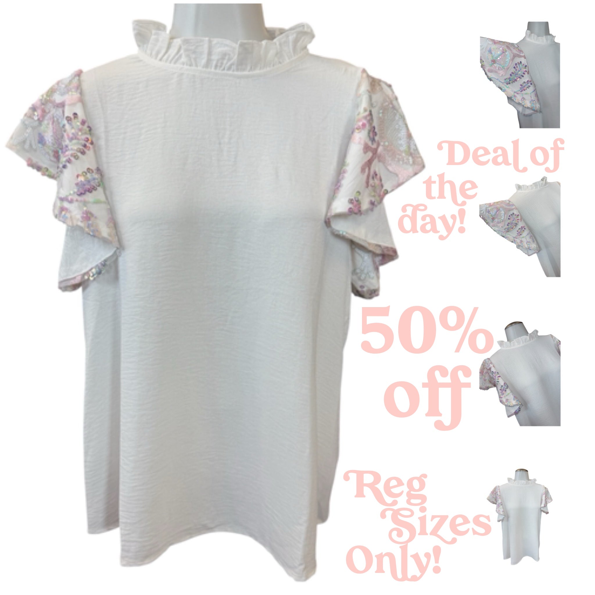 WHITE IRIDESCENT SEQUIN FLUTTER SLEEVE BLOUSE- SALE- MEDIUM & LARGE AVAILABLE