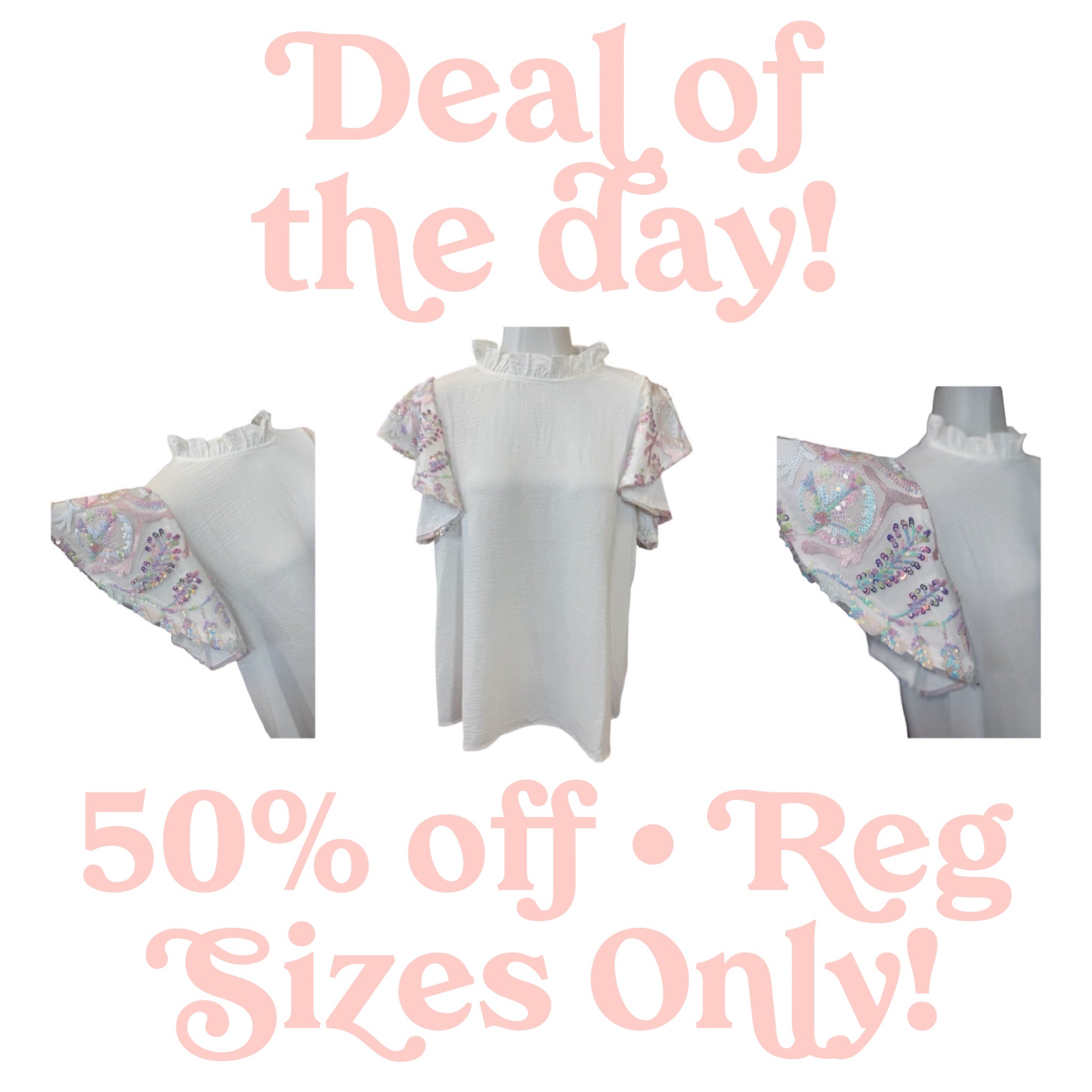 WHITE IRIDESCENT SEQUIN FLUTTER SLEEVE BLOUSE- SALE- MEDIUM & LARGE AVAILABLE