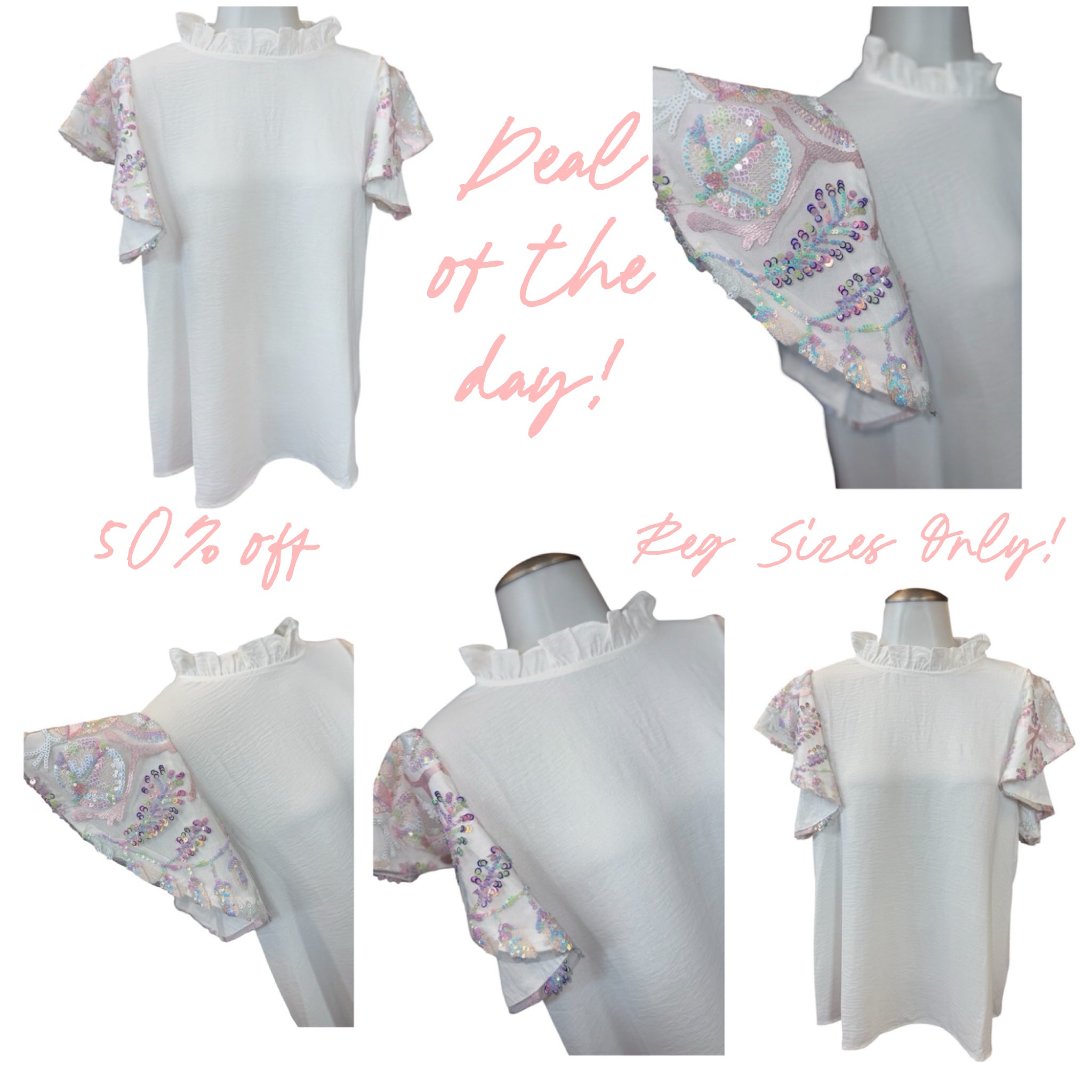 WHITE IRIDESCENT SEQUIN FLUTTER SLEEVE BLOUSE- SALE- MEDIUM & LARGE AVAILABLE