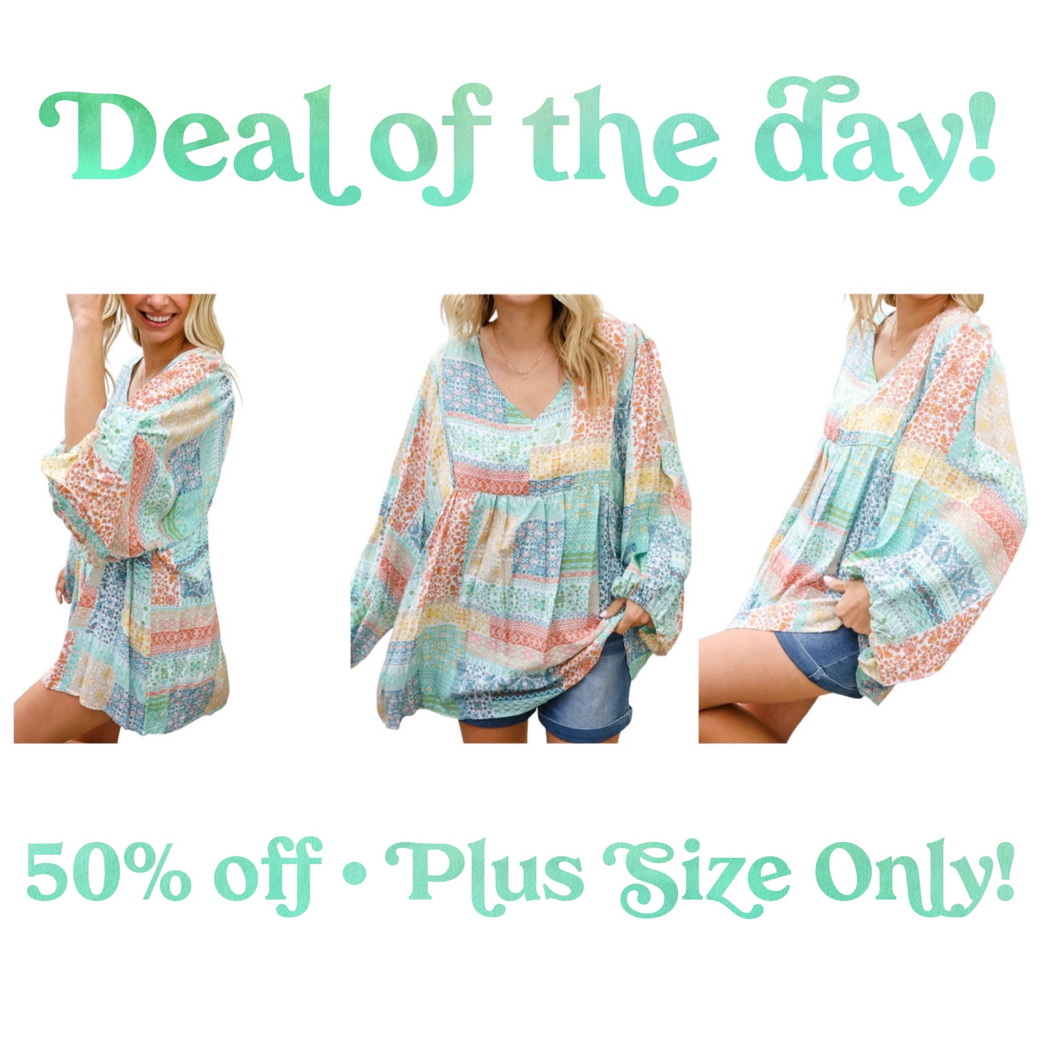 MINT PEACH BOHEMIAM PRINTED PATCHWORK 3/4 BUBBLE SLEEVE VNECK TOP- PLUS- SALE- 1X & 2X AVAILABLE