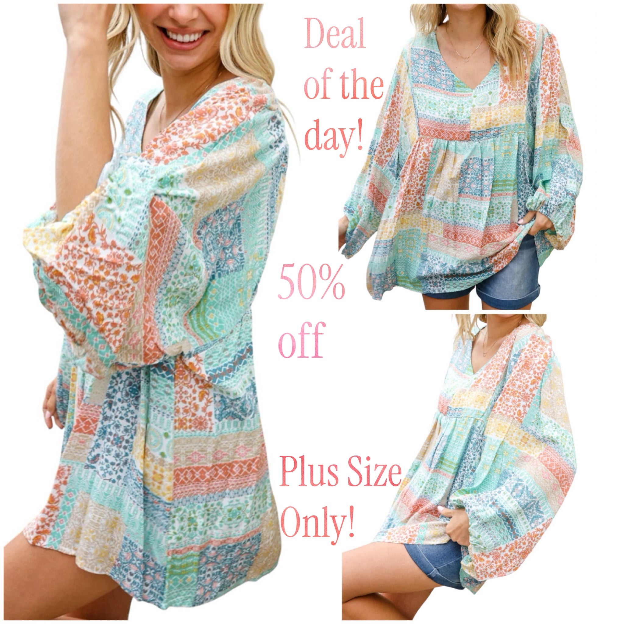 MINT PEACH BOHEMIAM PRINTED PATCHWORK 3/4 BUBBLE SLEEVE VNECK TOP- PLUS- SALE- 1X & 2X AVAILABLE