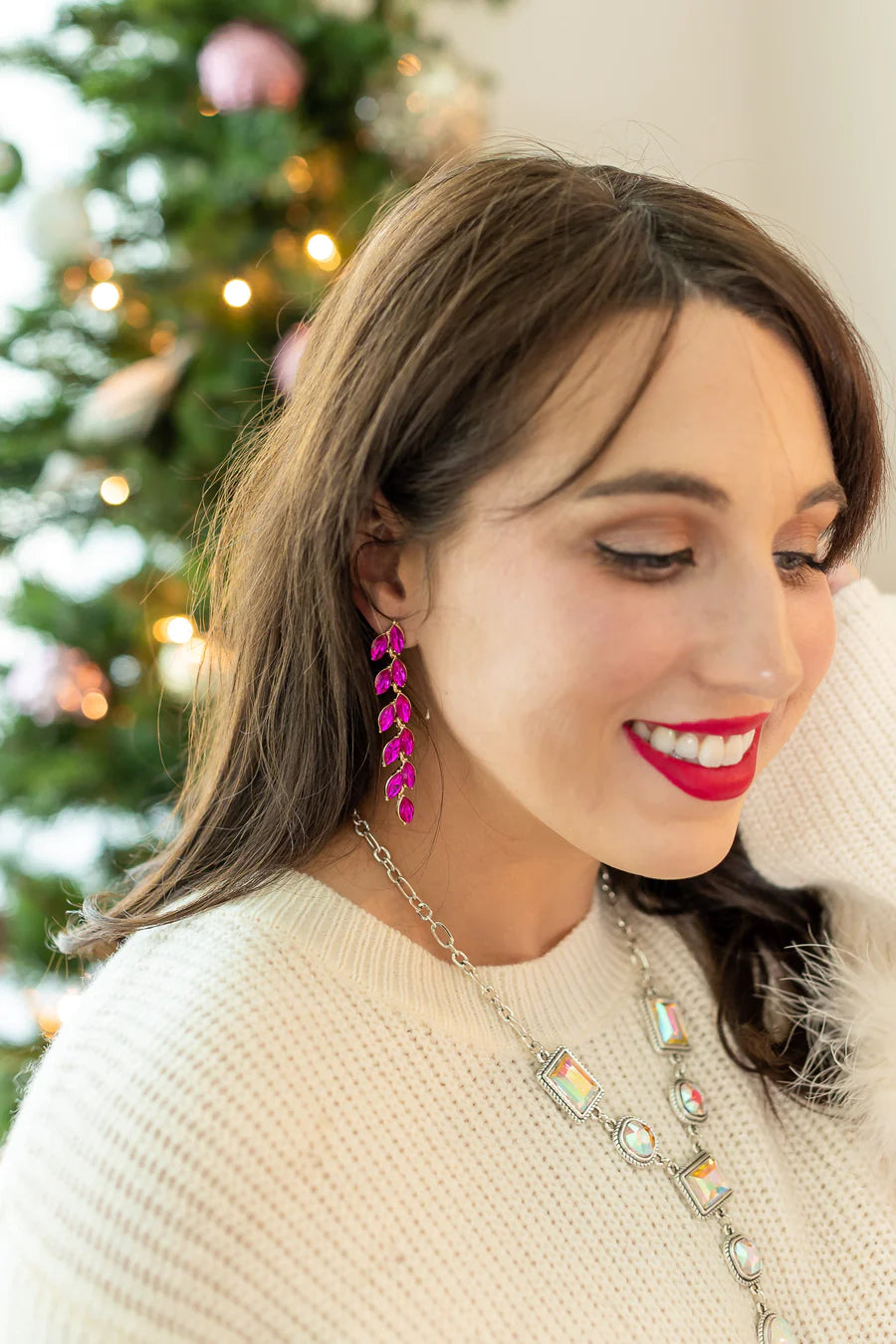 Fuchsia Leaf Drop Dangle Earrings