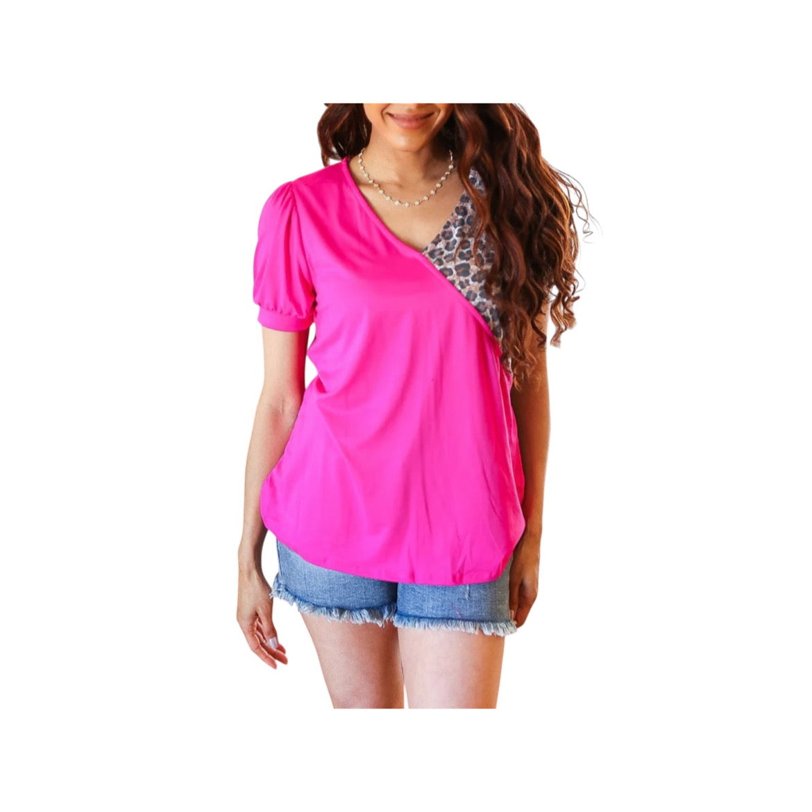 FUCHSIA ANIMAL VNECK PUFF SLEEVE TOP- PLUS- SALE- 1X AVAILABLE