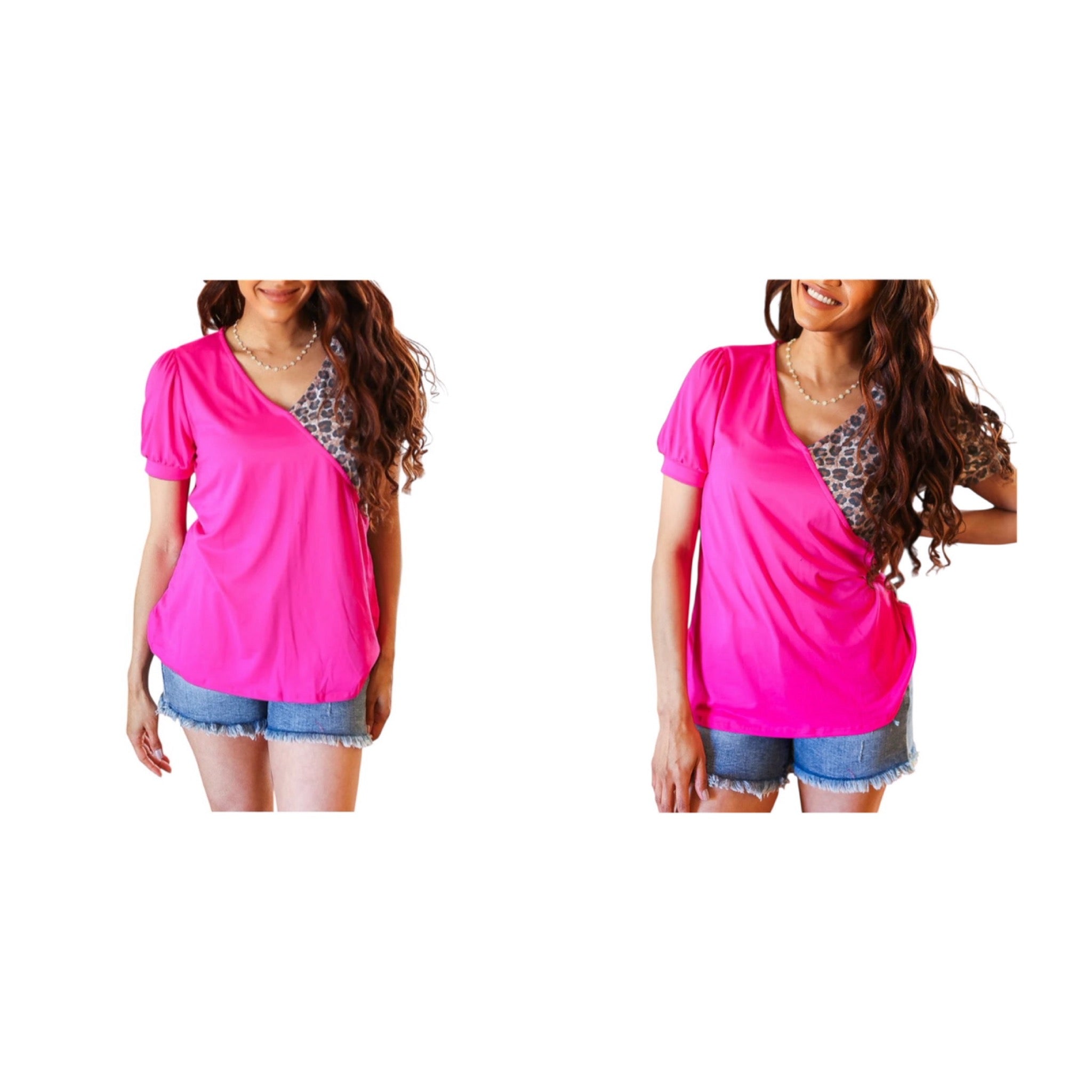 FUCHSIA ANIMAL VNECK PUFF SLEEVE TOP- PLUS- SALE- 1X AVAILABLE