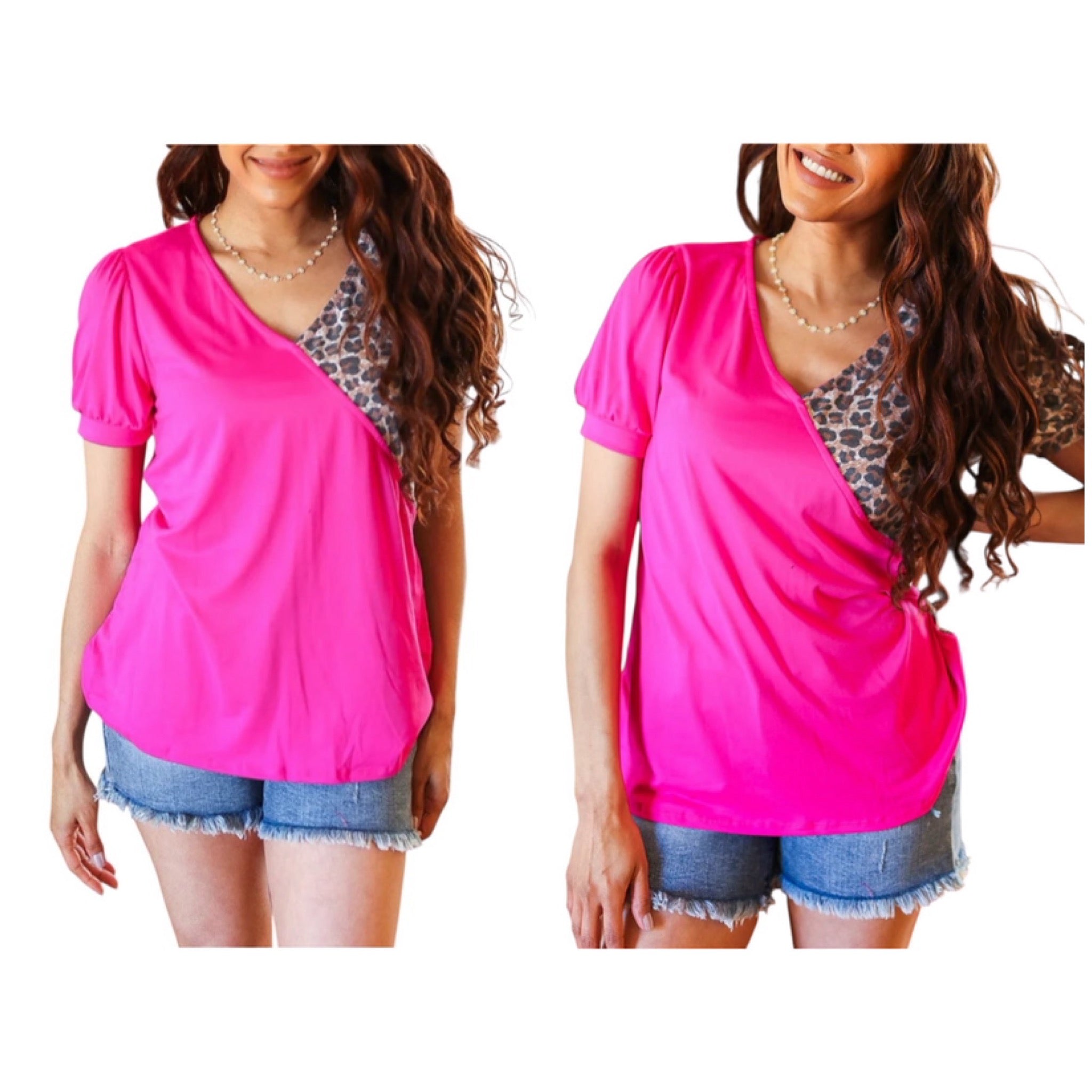 FUCHSIA ANIMAL VNECK PUFF SLEEVE TOP- PLUS- SALE- 1X AVAILABLE