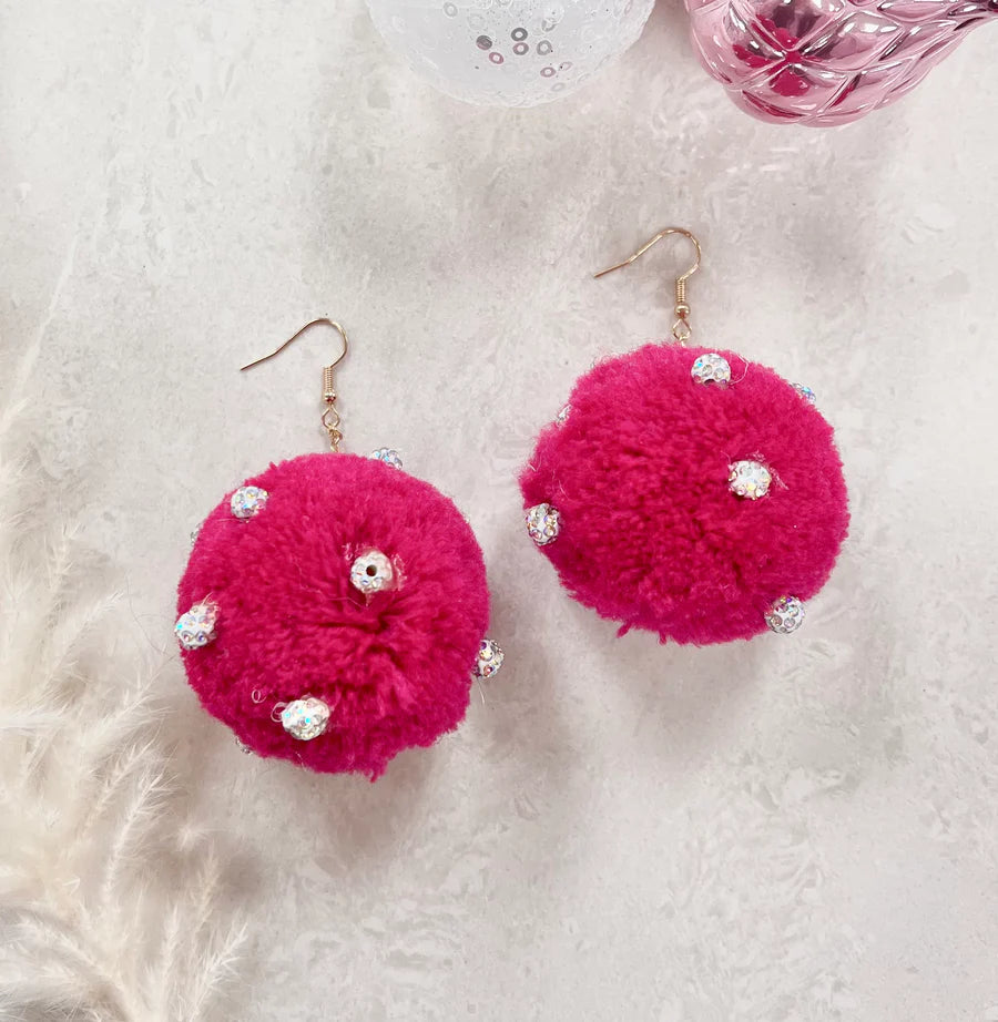 Hot Pink Rhinestone Send Me The Link Pink Pom Pom Earrings