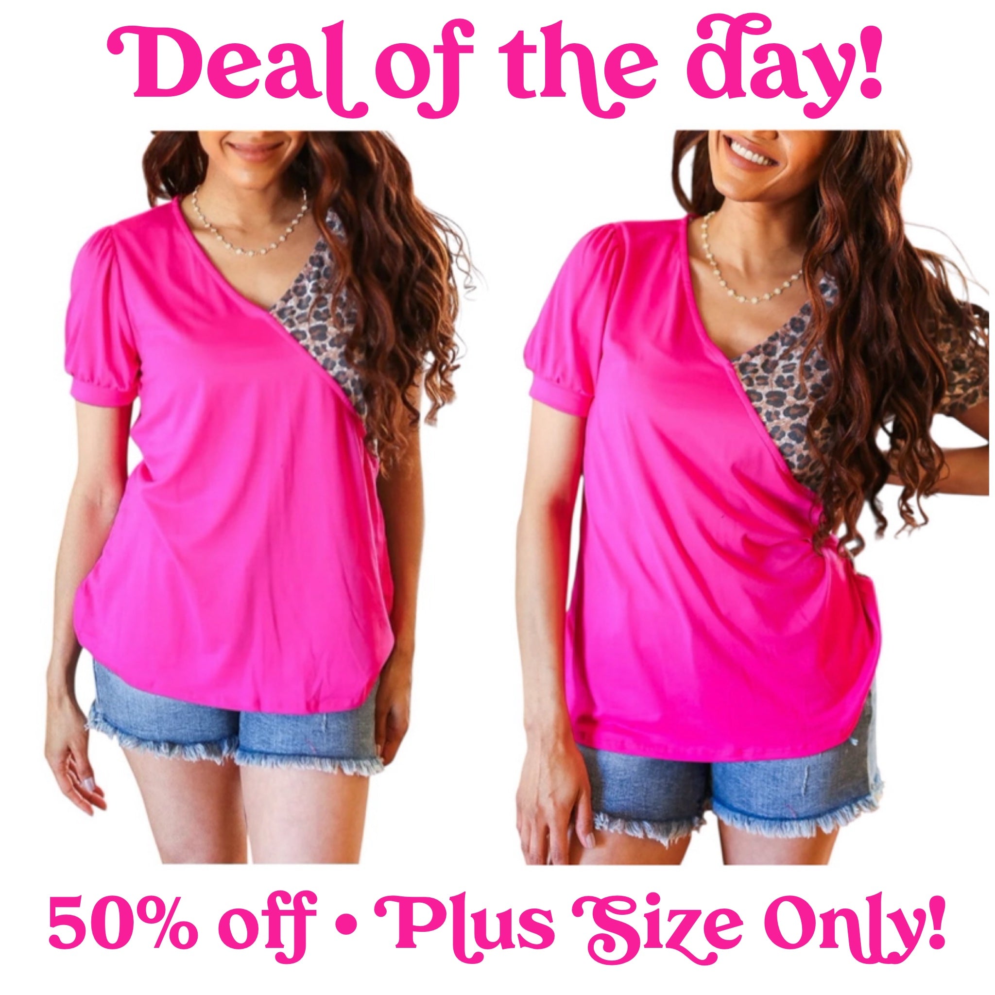FUCHSIA ANIMAL VNECK PUFF SLEEVE TOP- PLUS- SALE- 1X AVAILABLE