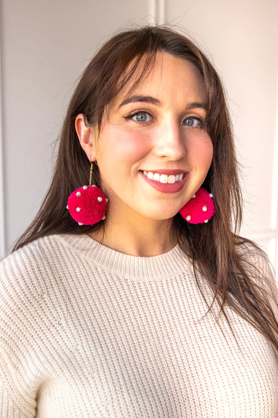 Hot Pink Rhinestone Send Me The Link Pink Pom Pom Earrings