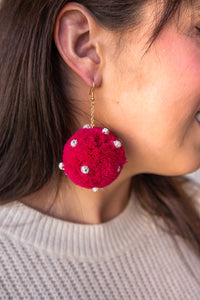 Hot Pink Rhinestone Send Me The Link Pink Pom Pom Earrings