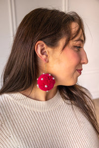 Hot Pink Rhinestone Send Me The Link Pink Pom Pom Earrings